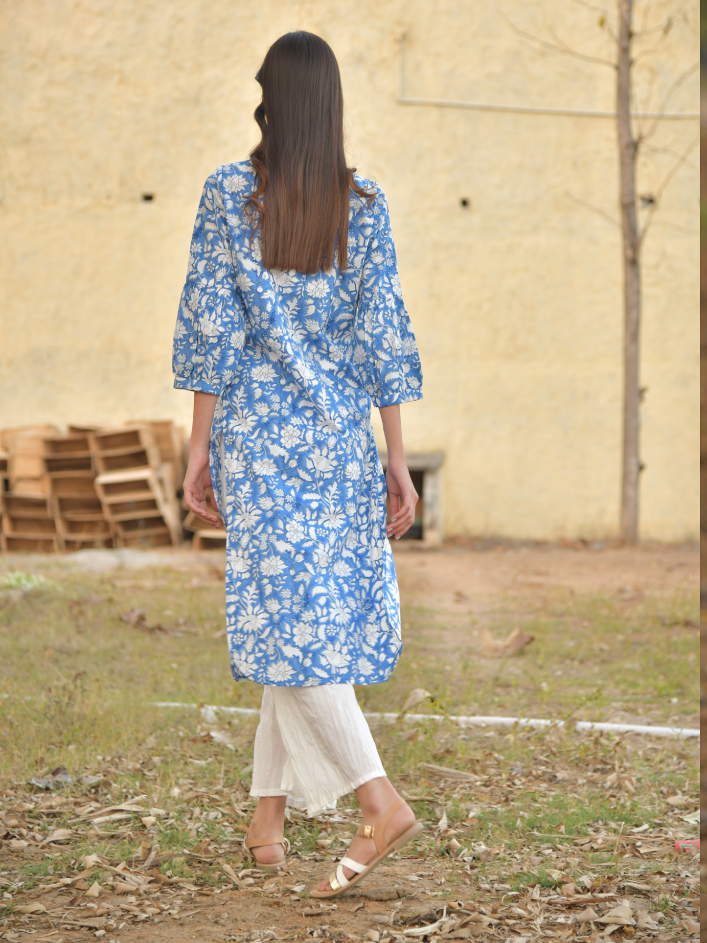 No More Blues Kurta Set- Blue Hand Block Printed Cotton Kurta With White Crushed Pants