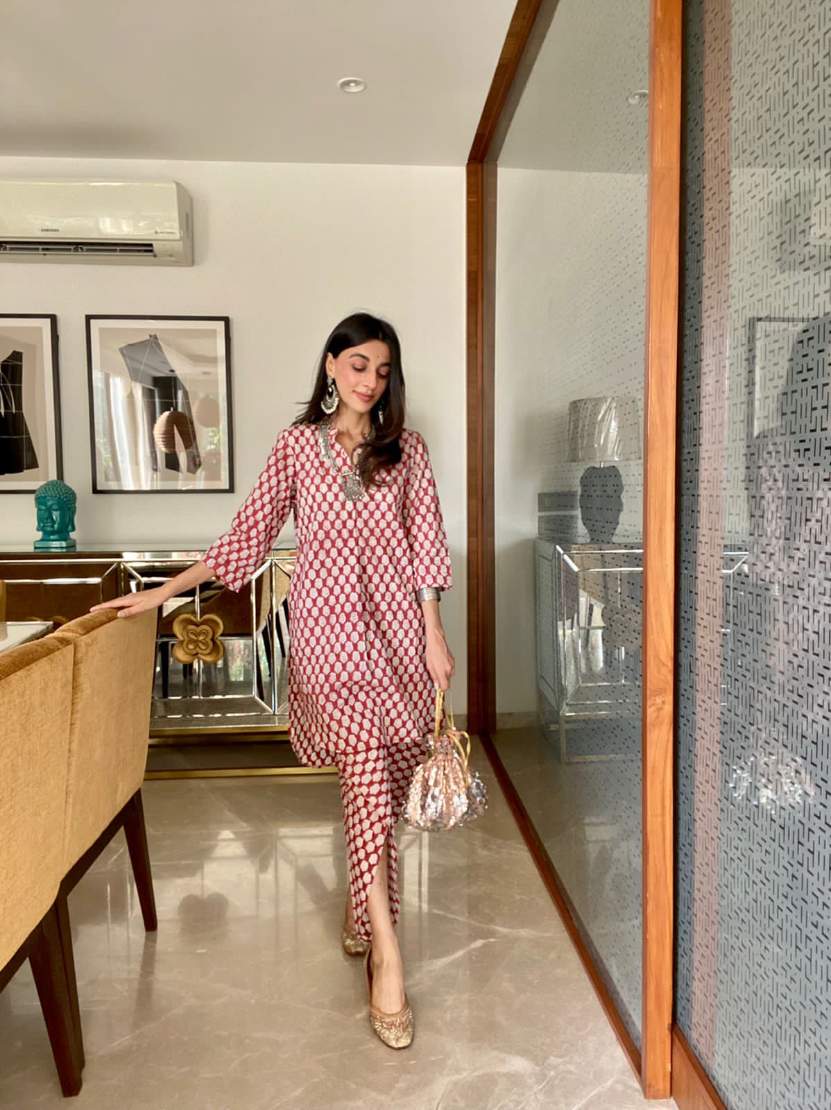 Red Lotus Dhoti Co-Ord Set - Red Hand Block Printed Cotton Dhoti Co-ord Set