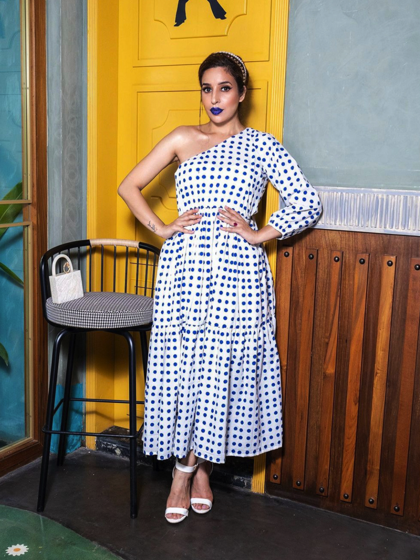 Love Me Polka Dress - White Hand Block Printed Polka One Shoulder Tier Dress