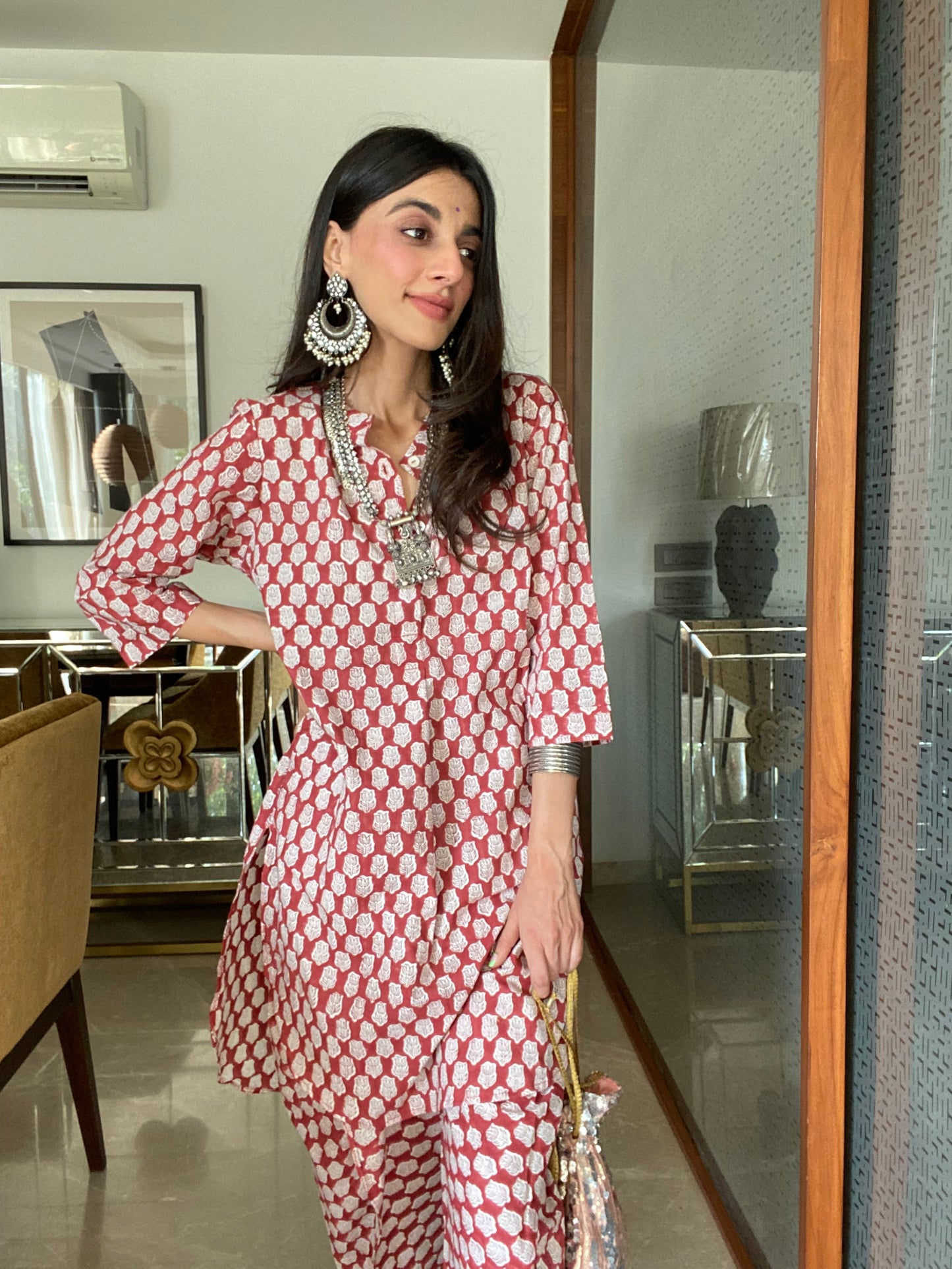Red Lotus Dhoti Co-Ord Set - Red Hand Block Printed Cotton Dhoti Co-ord Set