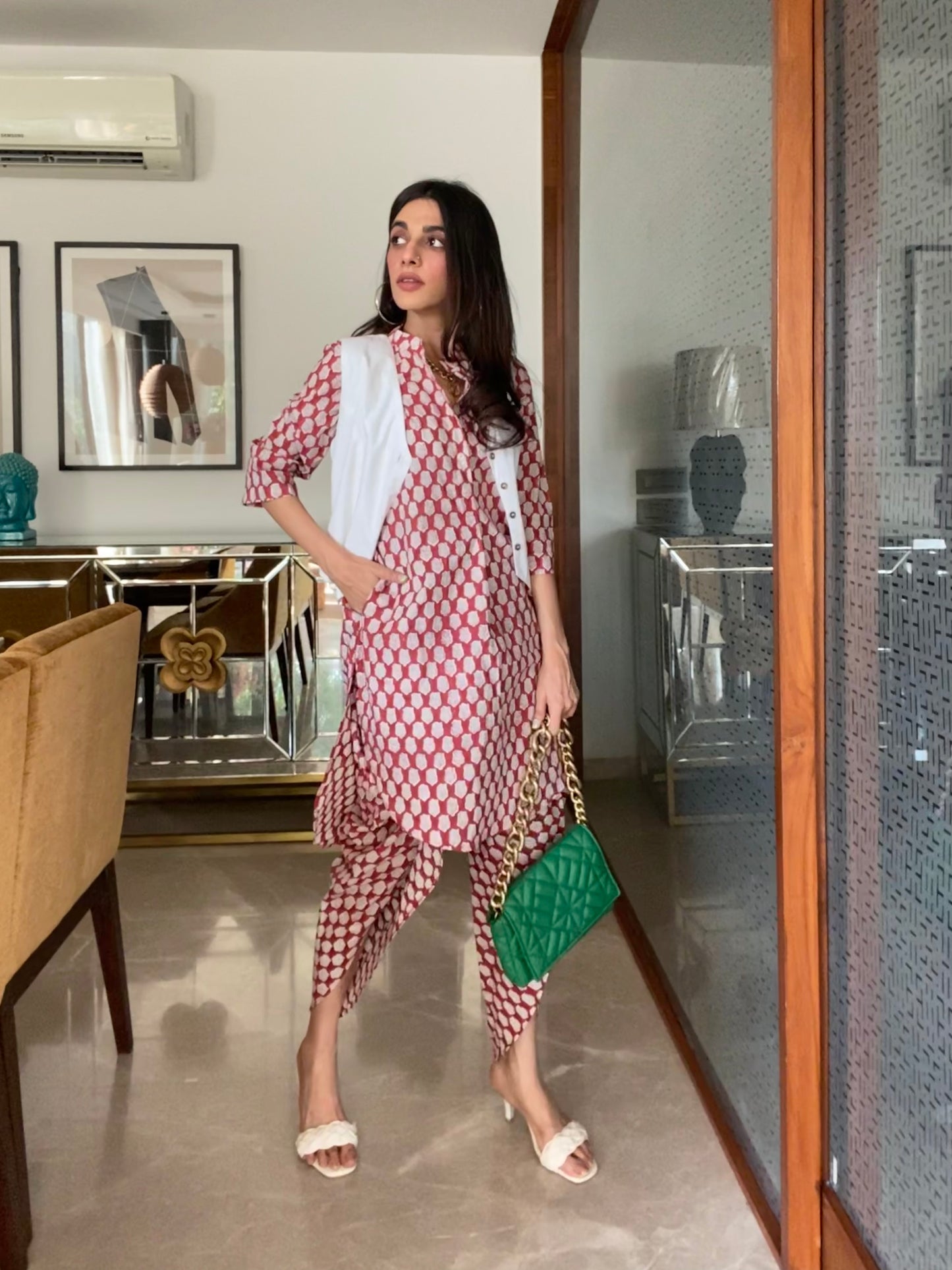 Red Lotus Dhoti Co-Ord Set - Red Hand Block Printed Cotton Dhoti Co-ord Set