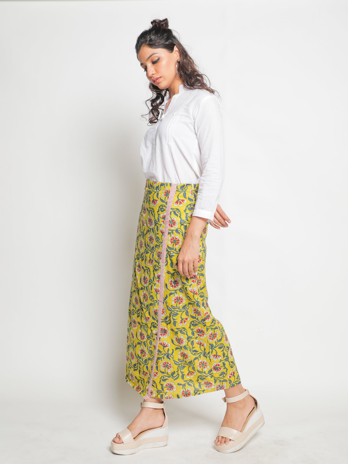 Makeba Skirt - Yellow Hand Block Printed Cotton Skirt With Border Detailing