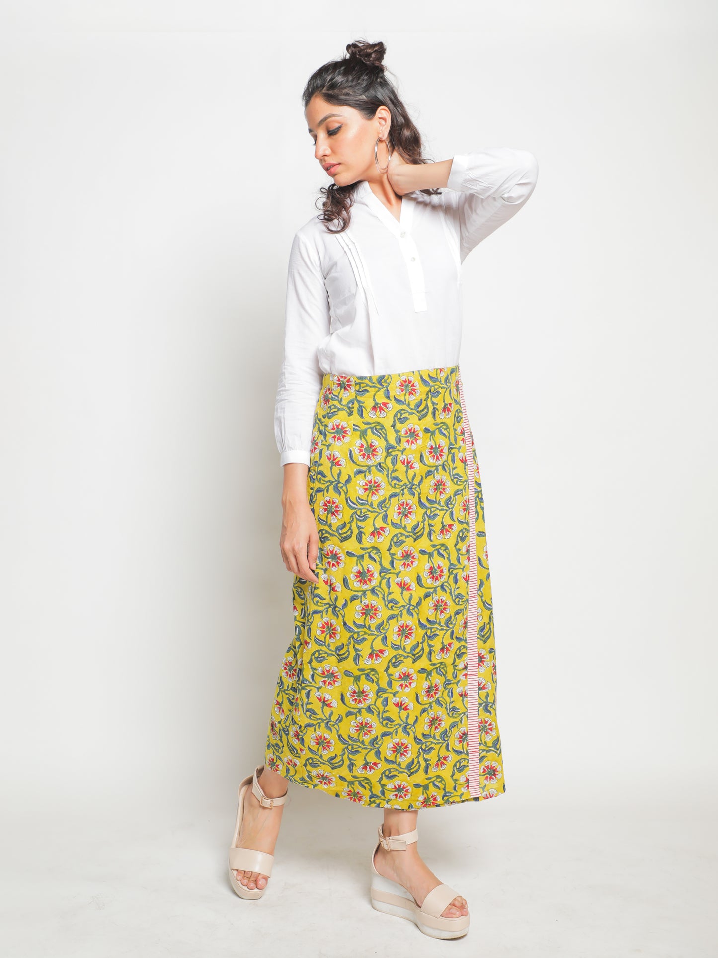 Makeba Skirt - Yellow Hand Block Printed Cotton Skirt With Border Detailing