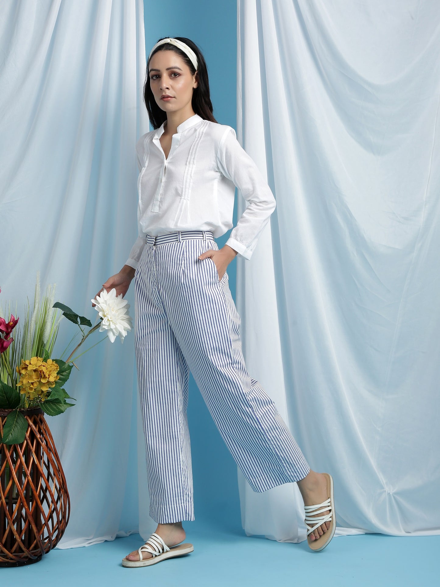 Lorde Stripe Pants - White & Blue Hand Block Printed Cotton Pants