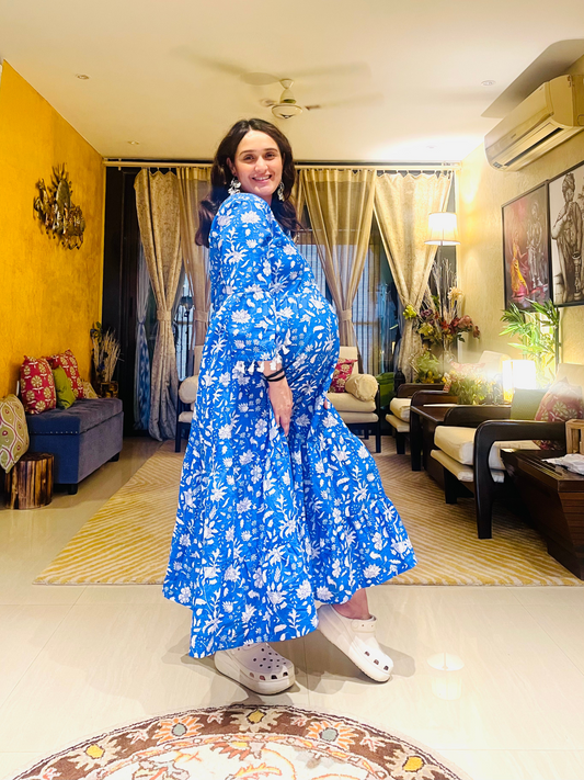 No More Blues Tier Dress - Blue Hand Block Printed Cotton Tier Dress