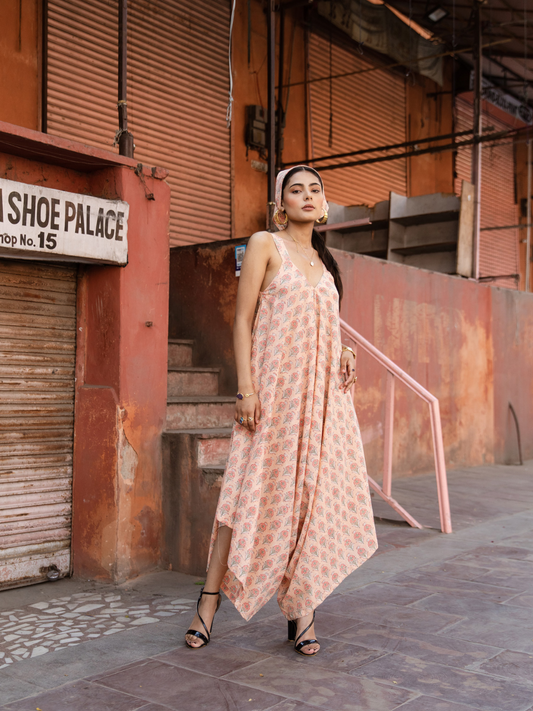 Peach Passion Drape Jumpsuit - Printed Cotton Draped Jumpsuit