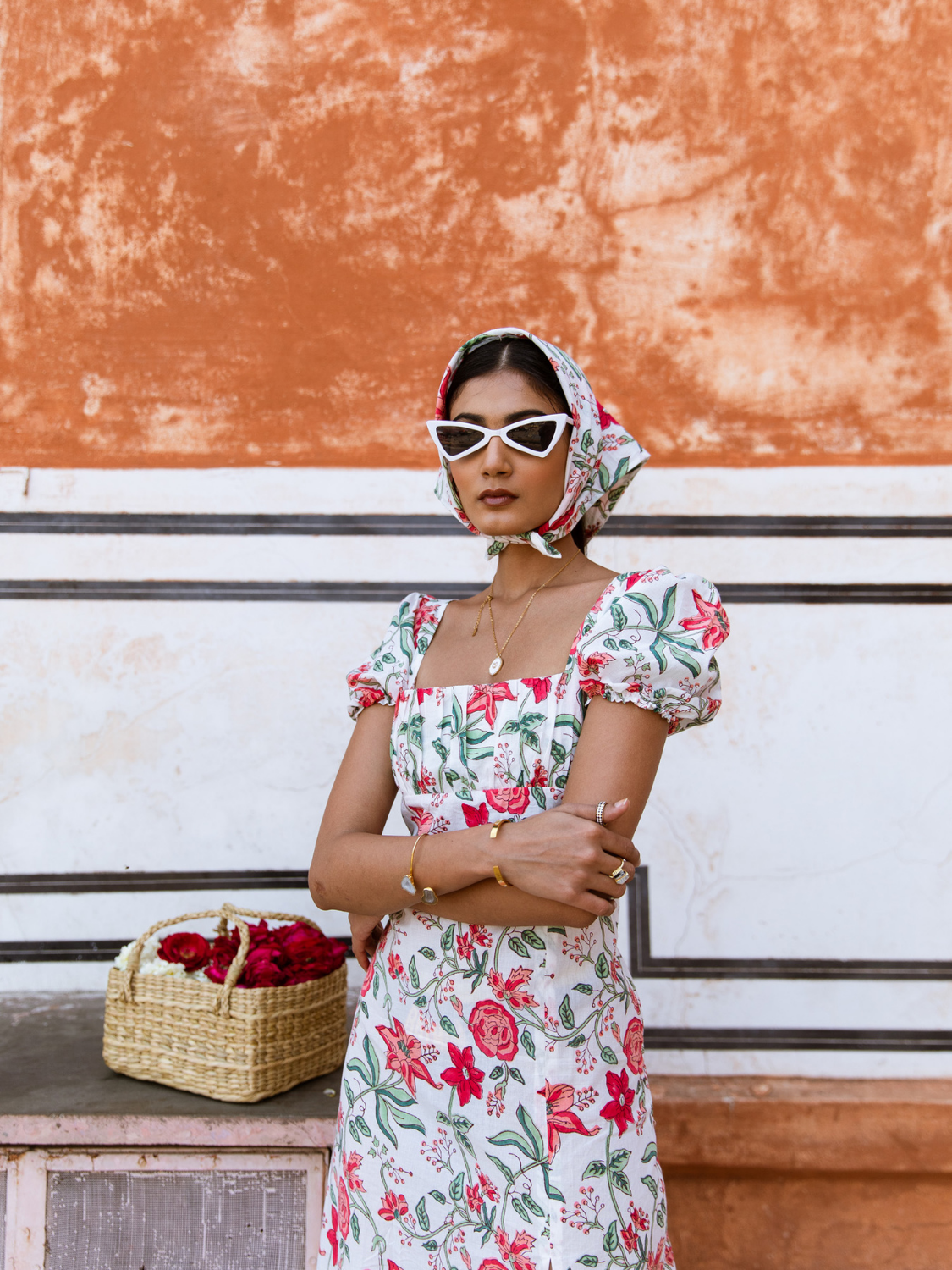 Raspberry & Rosé Midi Dress  - Off Shoulder Printed Cotton Midi Dress