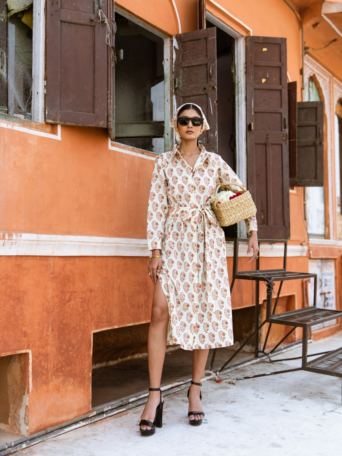 Peach Mamacita Dress - Printed Cotton Midi Shirt Dress