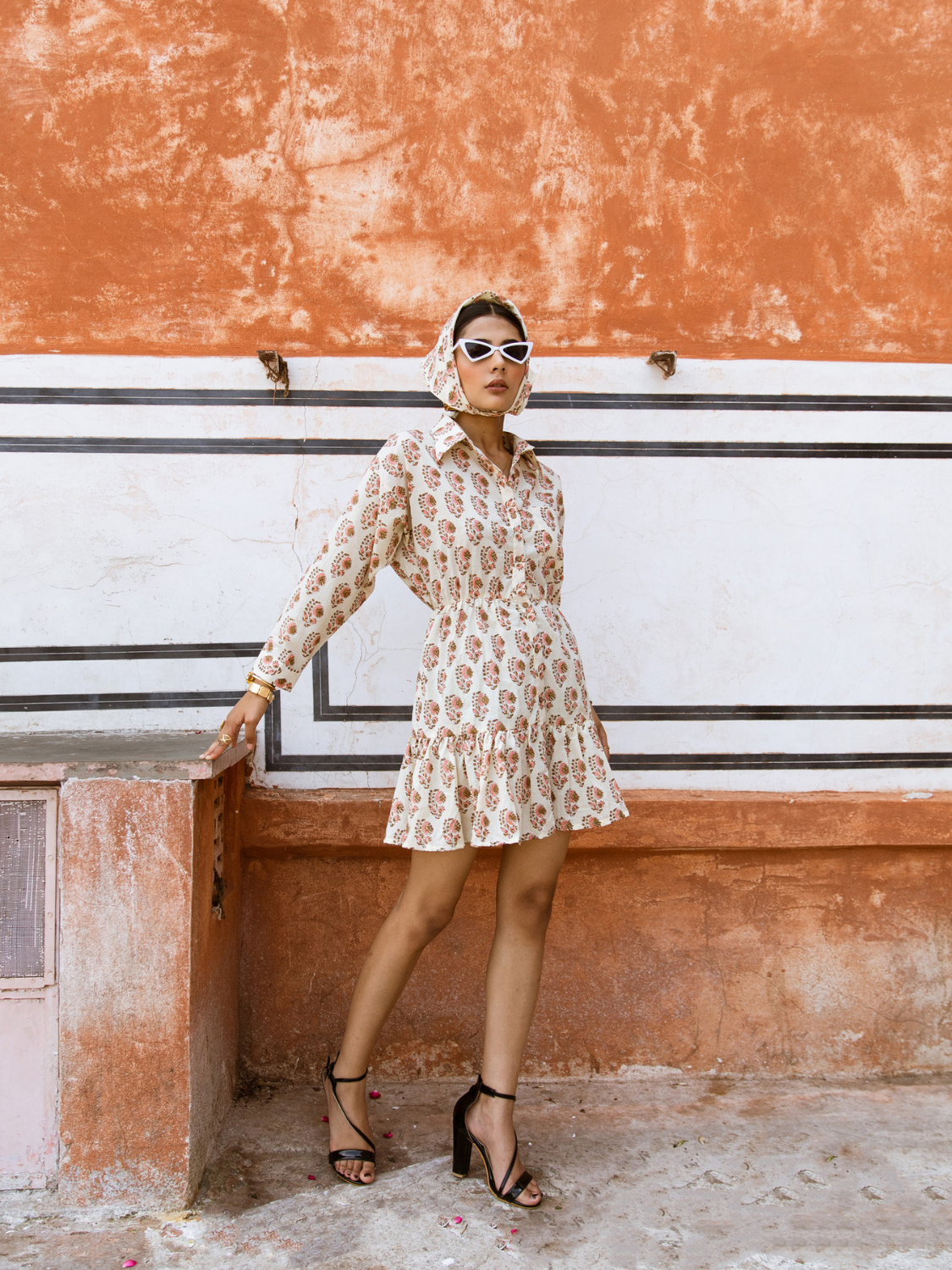 Peach Bon Bon Dress - Printed Cotton Mini Shirt Dress