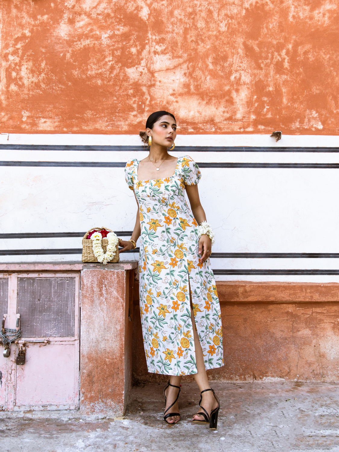 Honey Dew Midi Dress - Off Shoulder Printed Cotton Midi Dress