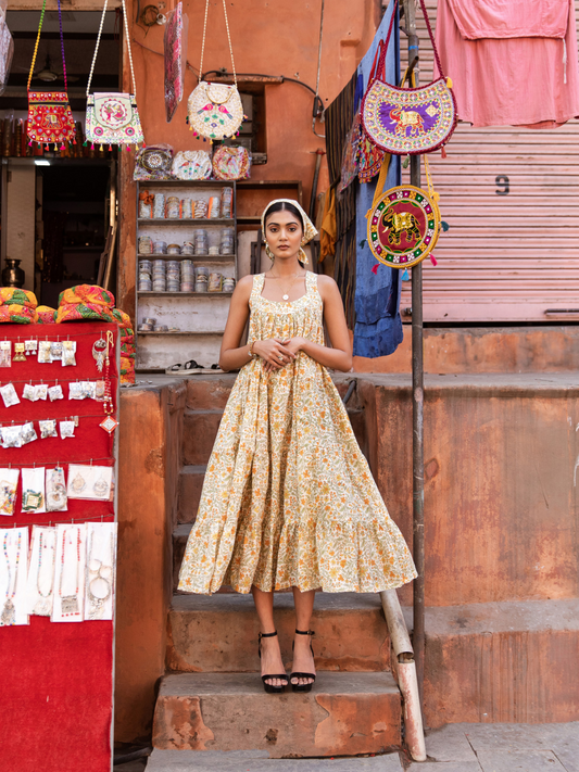 Mango Slush Dress - Printed Cotton Tiered Midi Dress