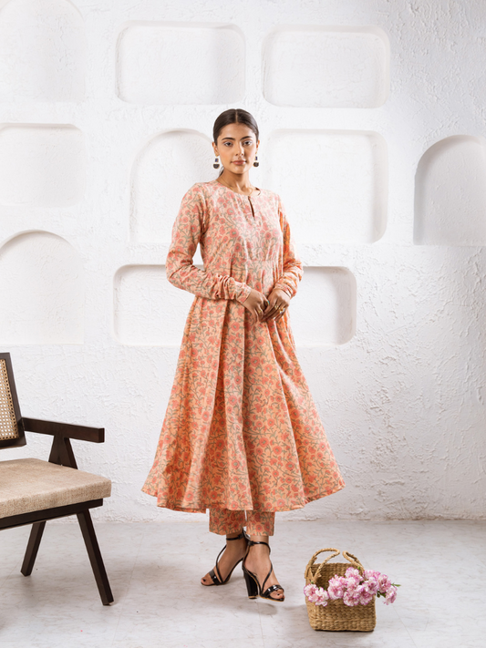 Peach Gardenia Kurta Set - Hand Block Printed Kurta Set