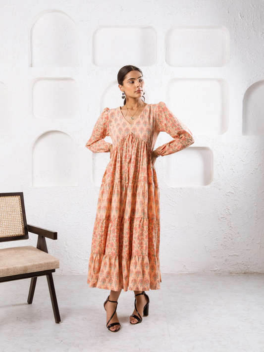 Jaypore Peach Dress - Hand Block Printed Tiered Dress