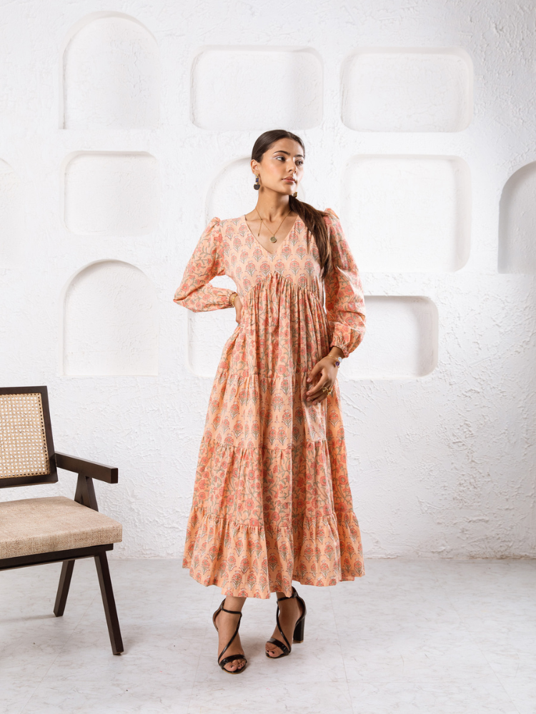Jaypore Peach Dress - Hand Block Printed Tiered Dress