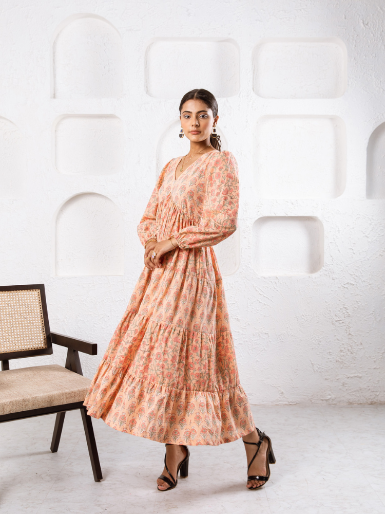 Jaypore Peach Dress - Hand Block Printed Tiered Dress