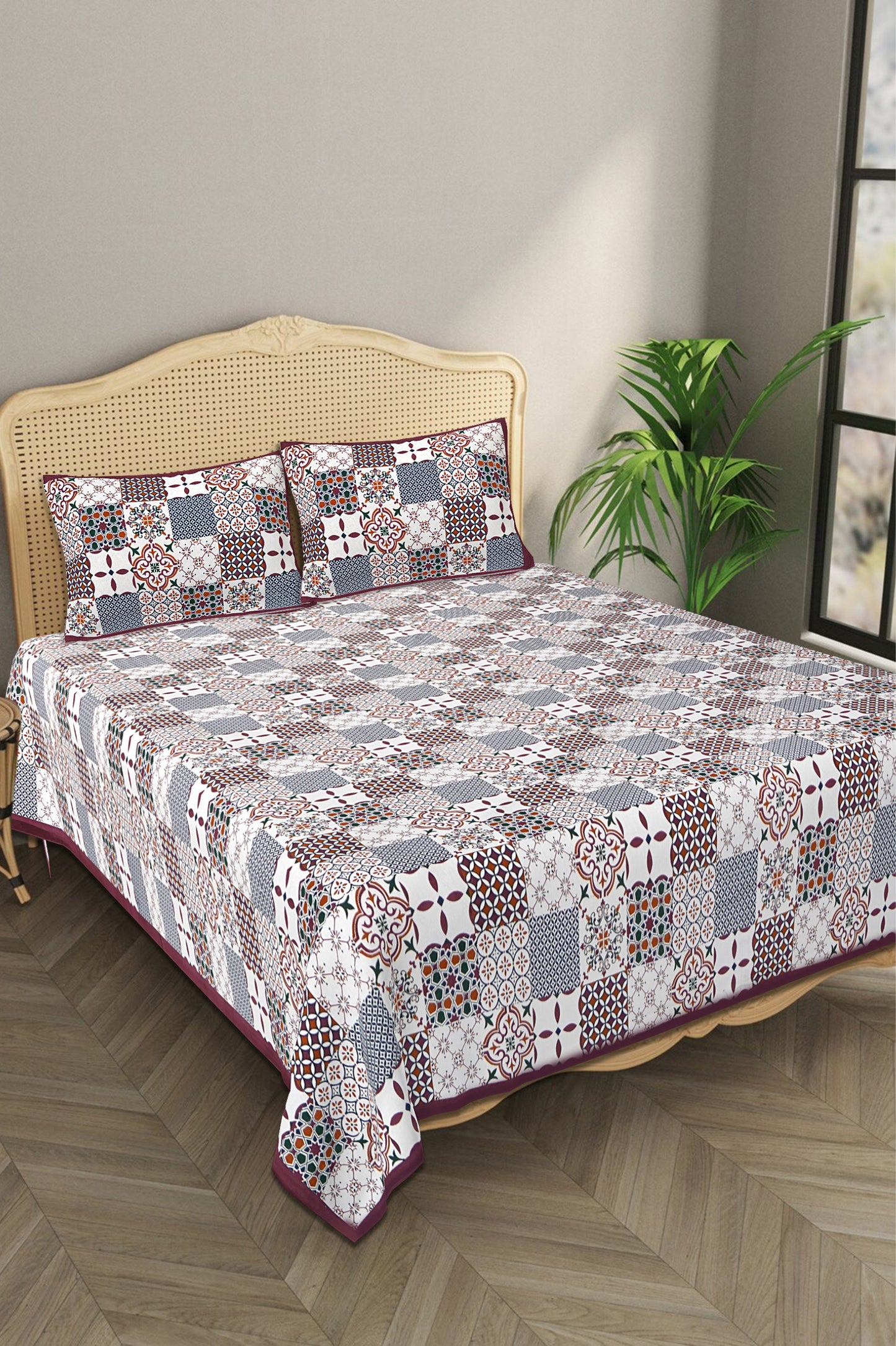 Beautifully Hand Crafted Moroccan Collection of Premium Sheets and Linens - Marrakesh Collection - Maroon Marikesh Square Printed Double Bed Sheet with 2 Pillow Covers
