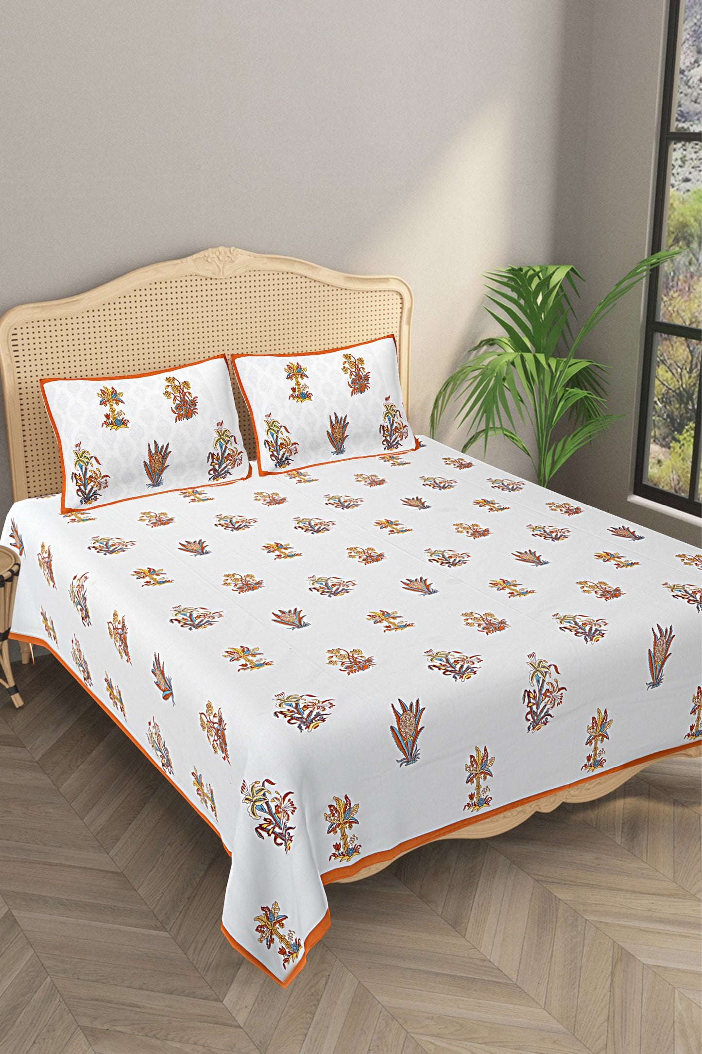 Ethnic Motifs - Designs from Mughal Gardens - Handcrafted Double Bed Sheet with 2 Pillow Covers - Buta Yellow