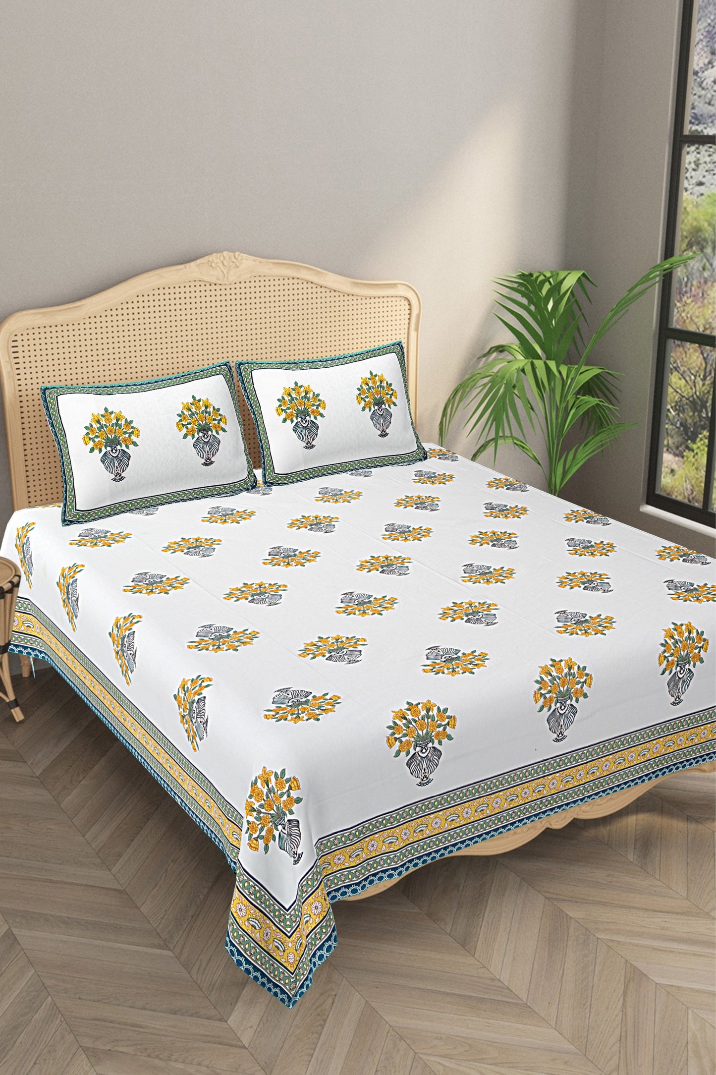 Ethnic Motifs - Designs from Mughal Gardens - Handcrafted Double Bed Sheet with 2 Pillow Covers - Gamla Green