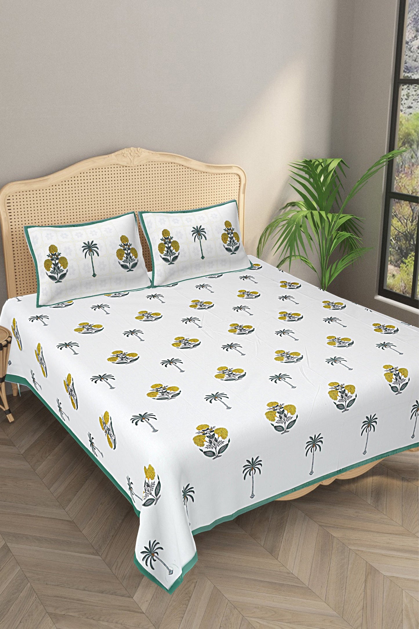 Ethnic Motifs - Designs from Mughal Gardens - Handcrafted Double Bed Sheet with 2 Pillow Covers - Genda Green