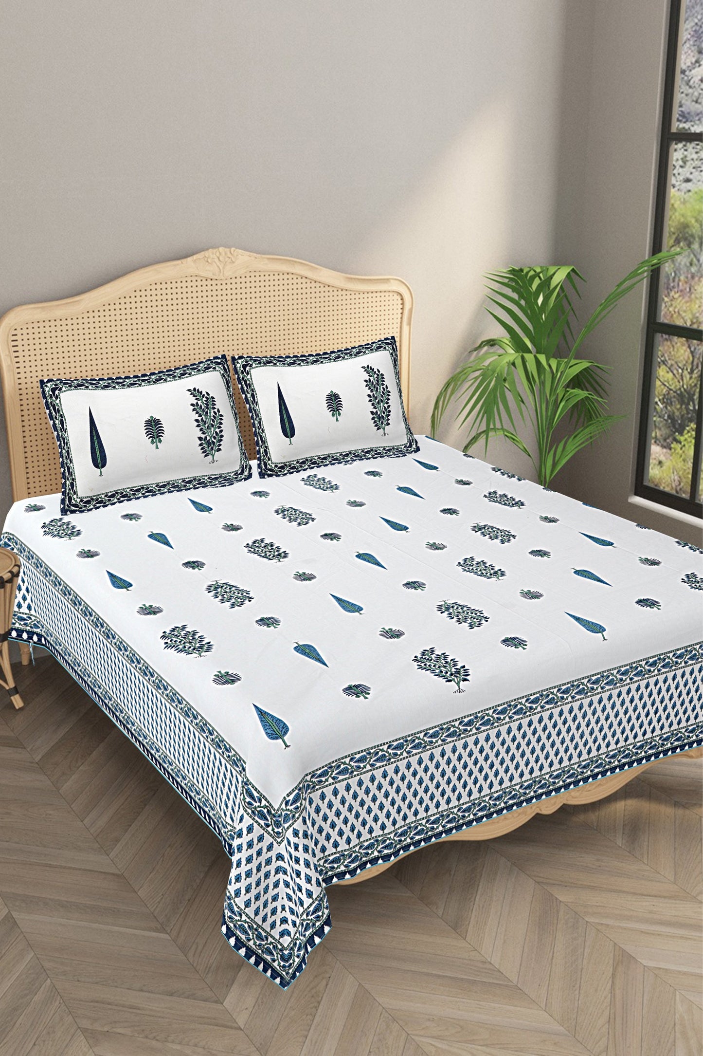 Ethnic Motifs - Designs from Mughal Gardens - Handcrafted Double Bed Sheet with 2 Pillow Covers - Teer Blue