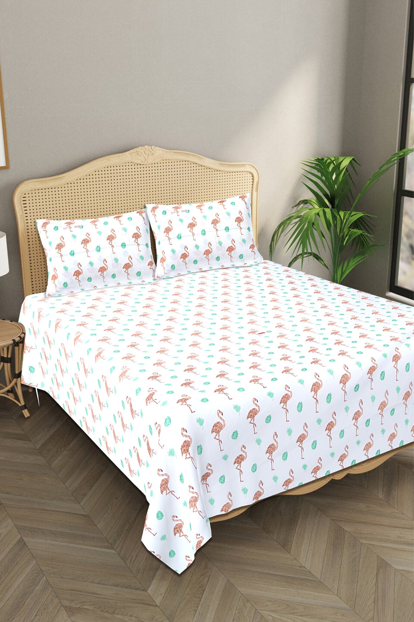 Kids Cotton Bedroom Linens - Double Sheet with 2 Pillow Covers in Flamingo And The Leaves Print - King Size Bed