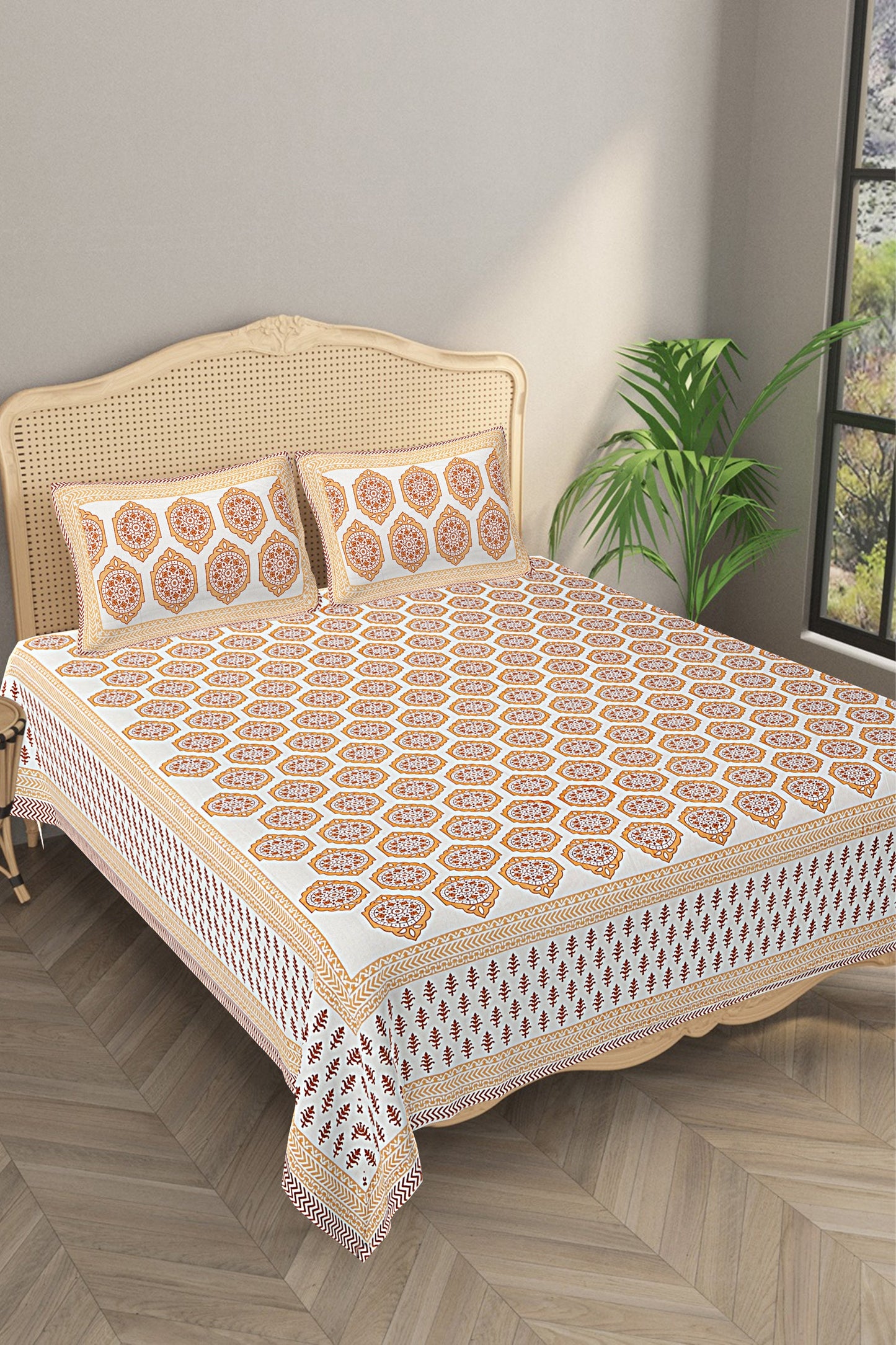 Ethnic Motifs - Designs from Mughal Gardens - Handcrafted Double Bed Sheet with 2 Pillow Covers - Jaal Yellow