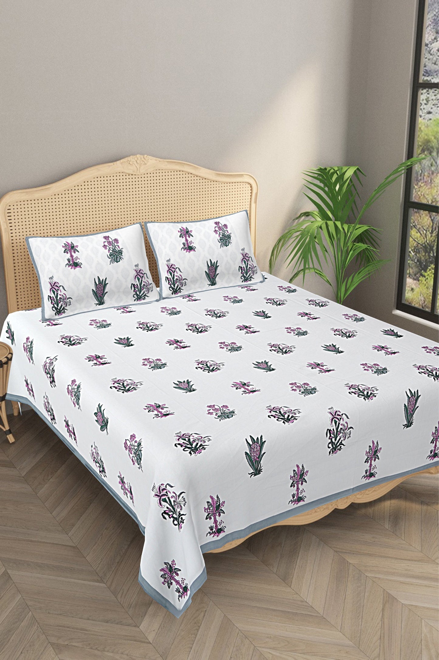 Ethnic Motifs - Designs from Mughal Gardens - Handcrafted Double Bed Sheet with 2 Pillow Covers - Buta Grey