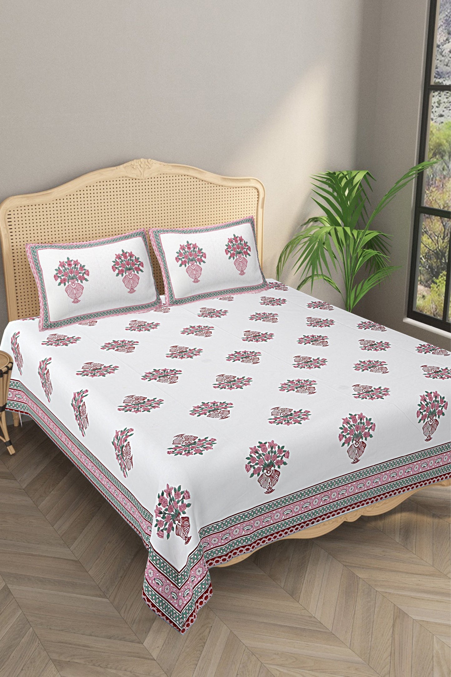 Ethnic Motifs - Designs from Mughal Gardens - Handcrafted Double Bed Sheet with 2 Pillow Covers - Gamla Maroon