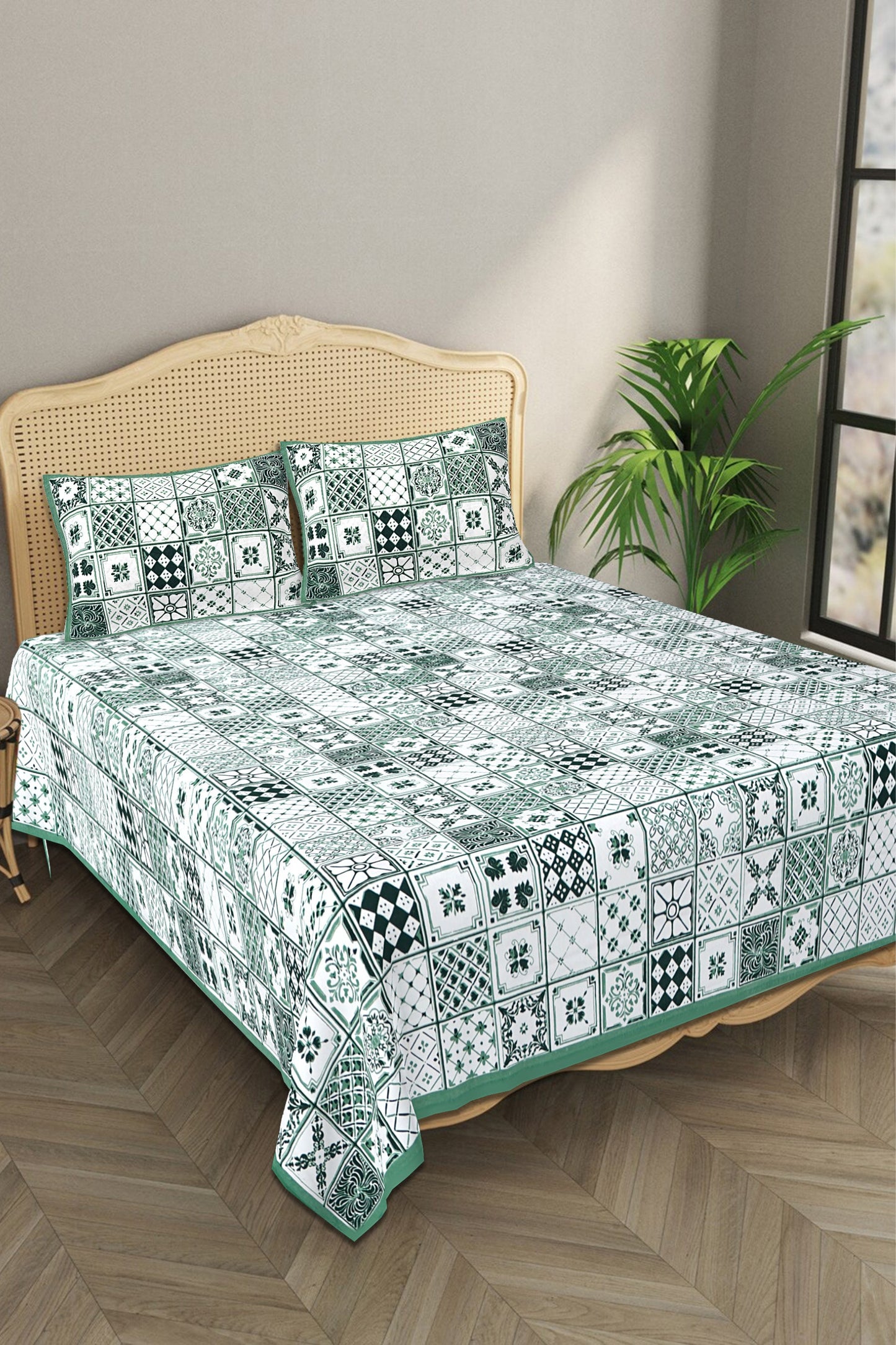 Beautifully Hand Crafted Moroccan Collection of Premium Sheets and Linens - Marrakesh Collection - Green Square Marikesh Double Bed Sheet with 2 Pillow Covers