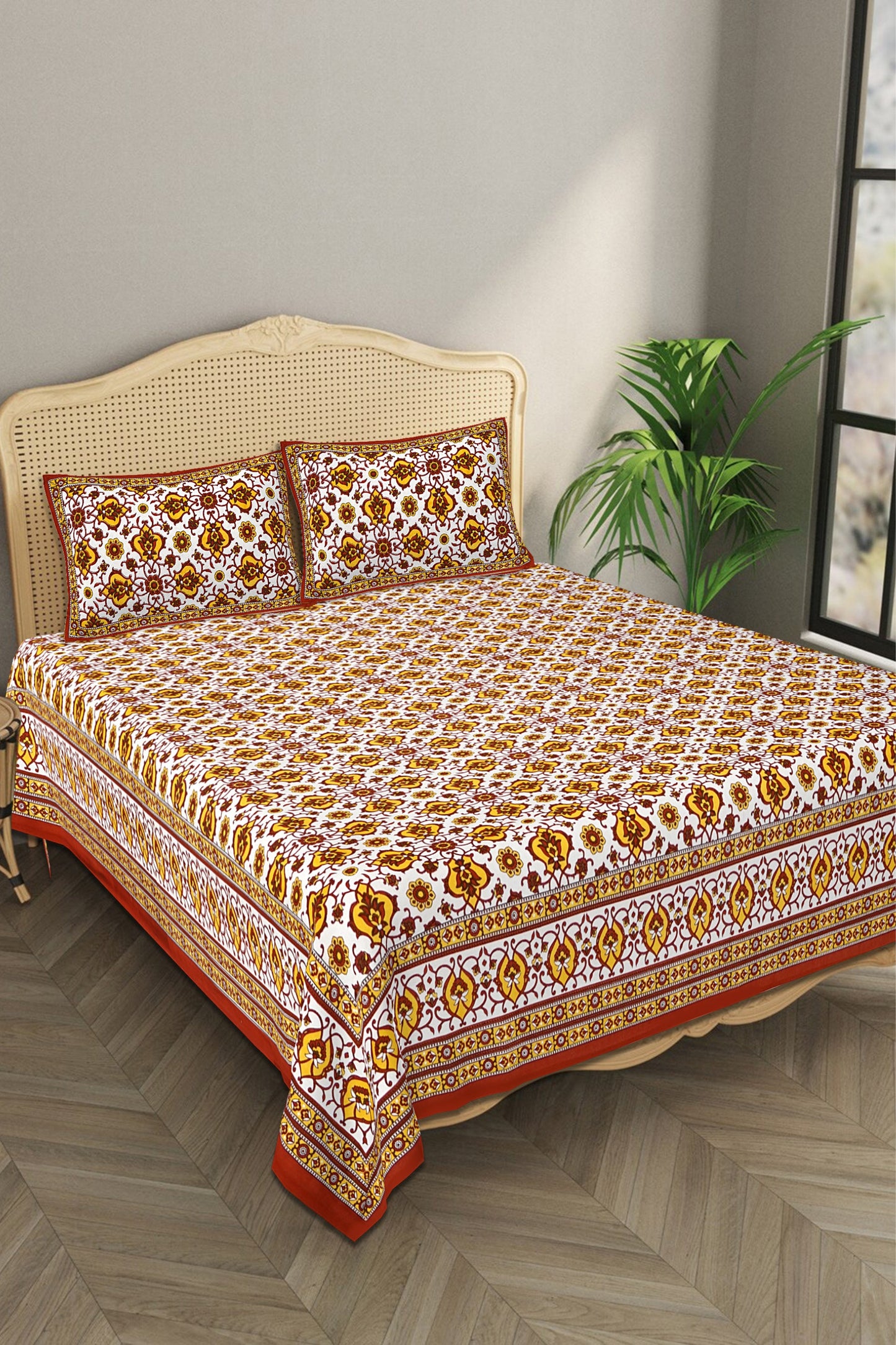 Beautifully Hand Crafted Moroccan Collection of Premium Sheets and Linens - Marrakesh Collection - Yellow Marikesh Double Bed Sheet with 2 Pillow Covers