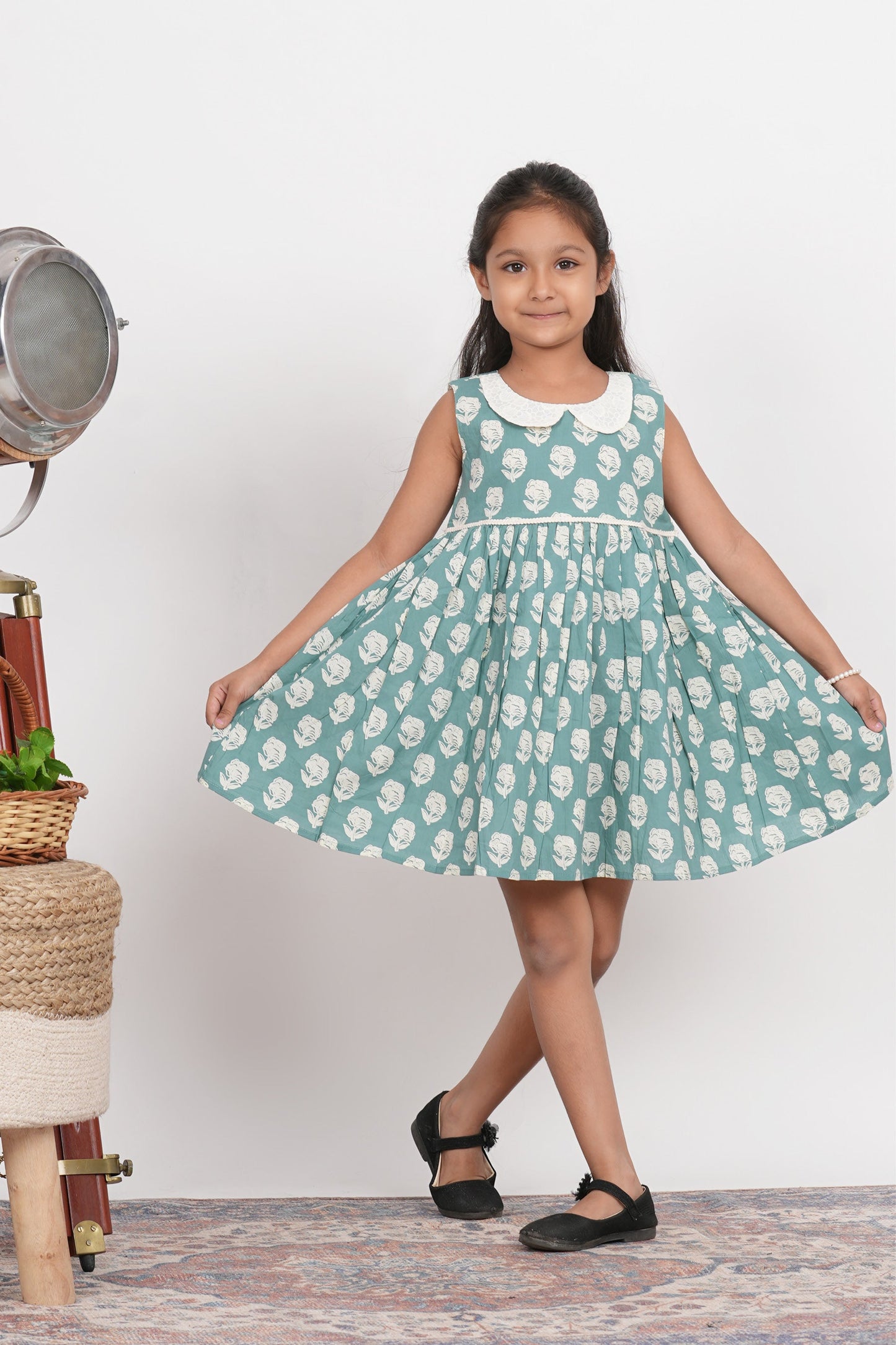 Ariel Dress - Blue And White Cotton Hand Block Printed Kids Cotton Dress