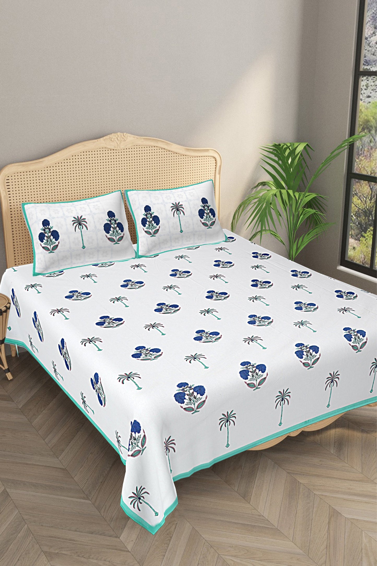 Ethnic Motifs - Designs from Mughal Gardens - Handcrafted Double Bed Sheet with 2 Pillow Covers - Genda Blue
