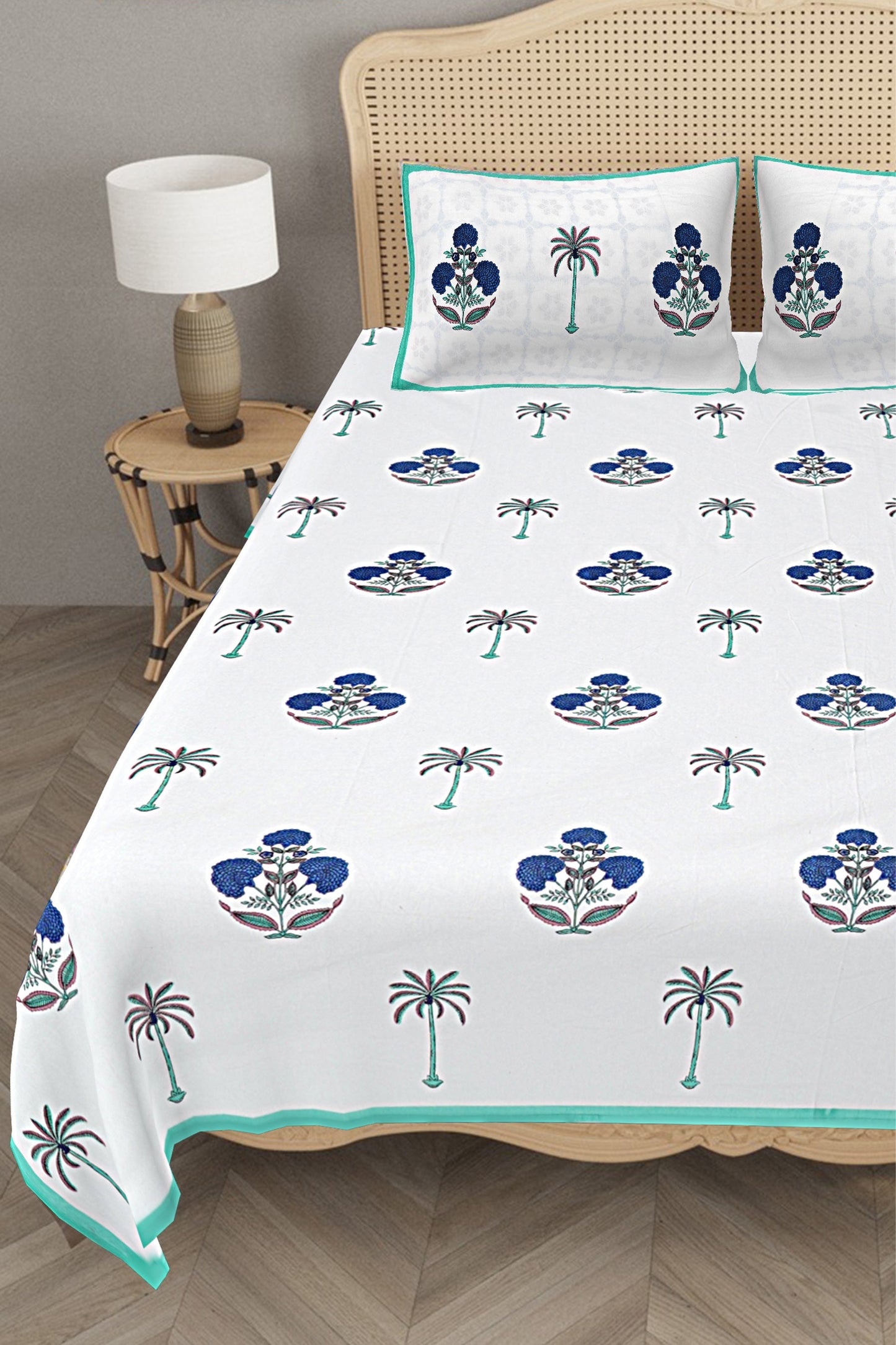 Ethnic Motifs - Designs from Mughal Gardens - Handcrafted Double Bed Sheet with 2 Pillow Covers - Genda Blue