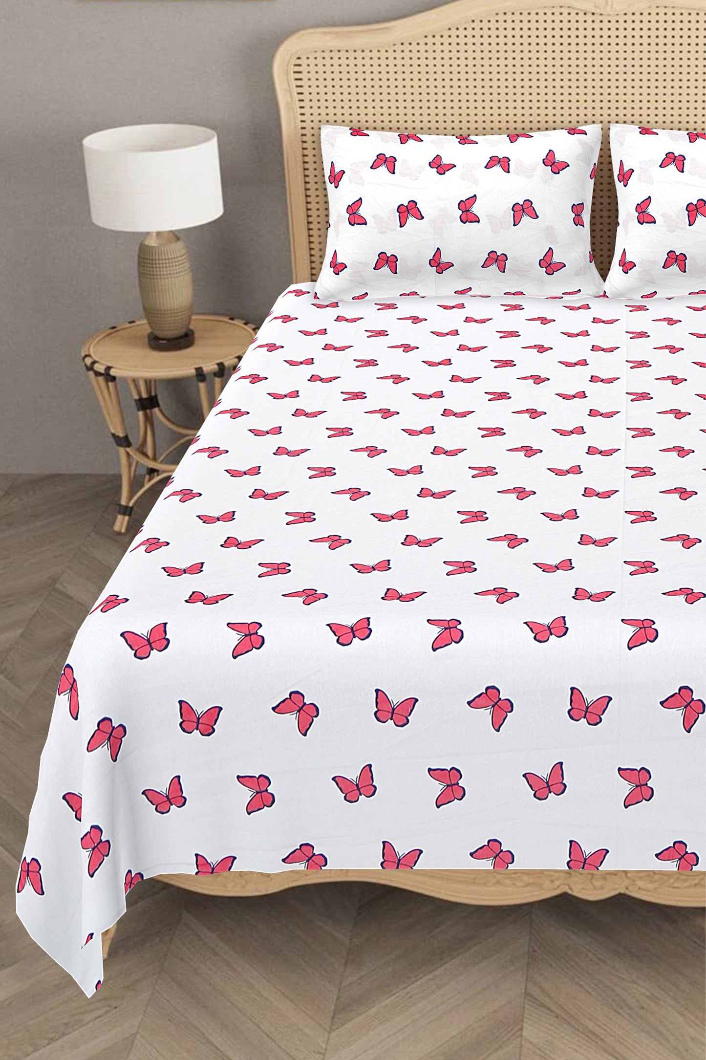 Kids Cotton Bedroom Linens - Double Sheet with 2 Pillow Covers in Red Butterfly Print - King Size Bed