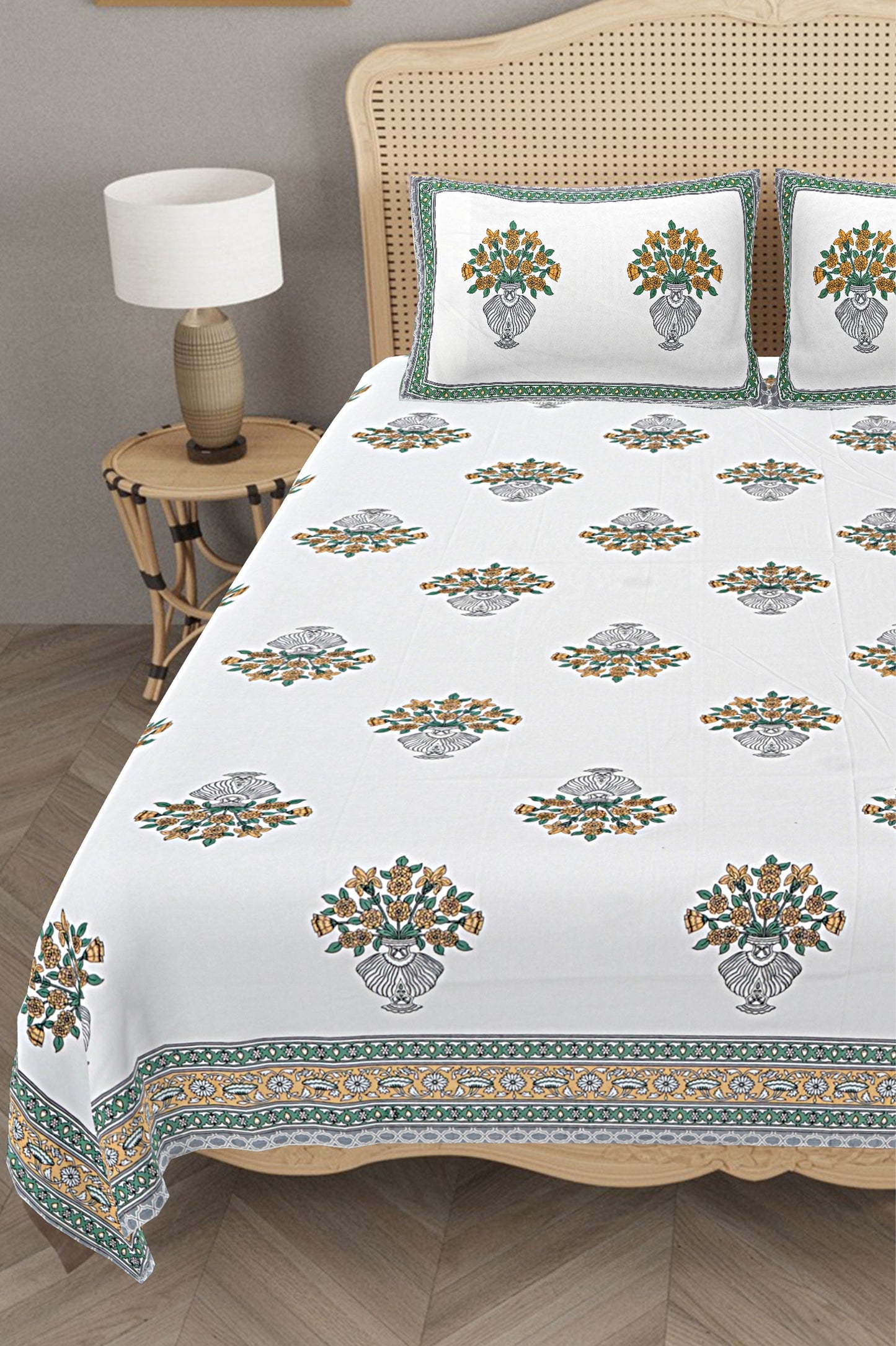 Ethnic Motifs - Designs from Mughal Gardens - Handcrafted Double Bed Sheet with 2 Pillow Covers - Gamla Grey