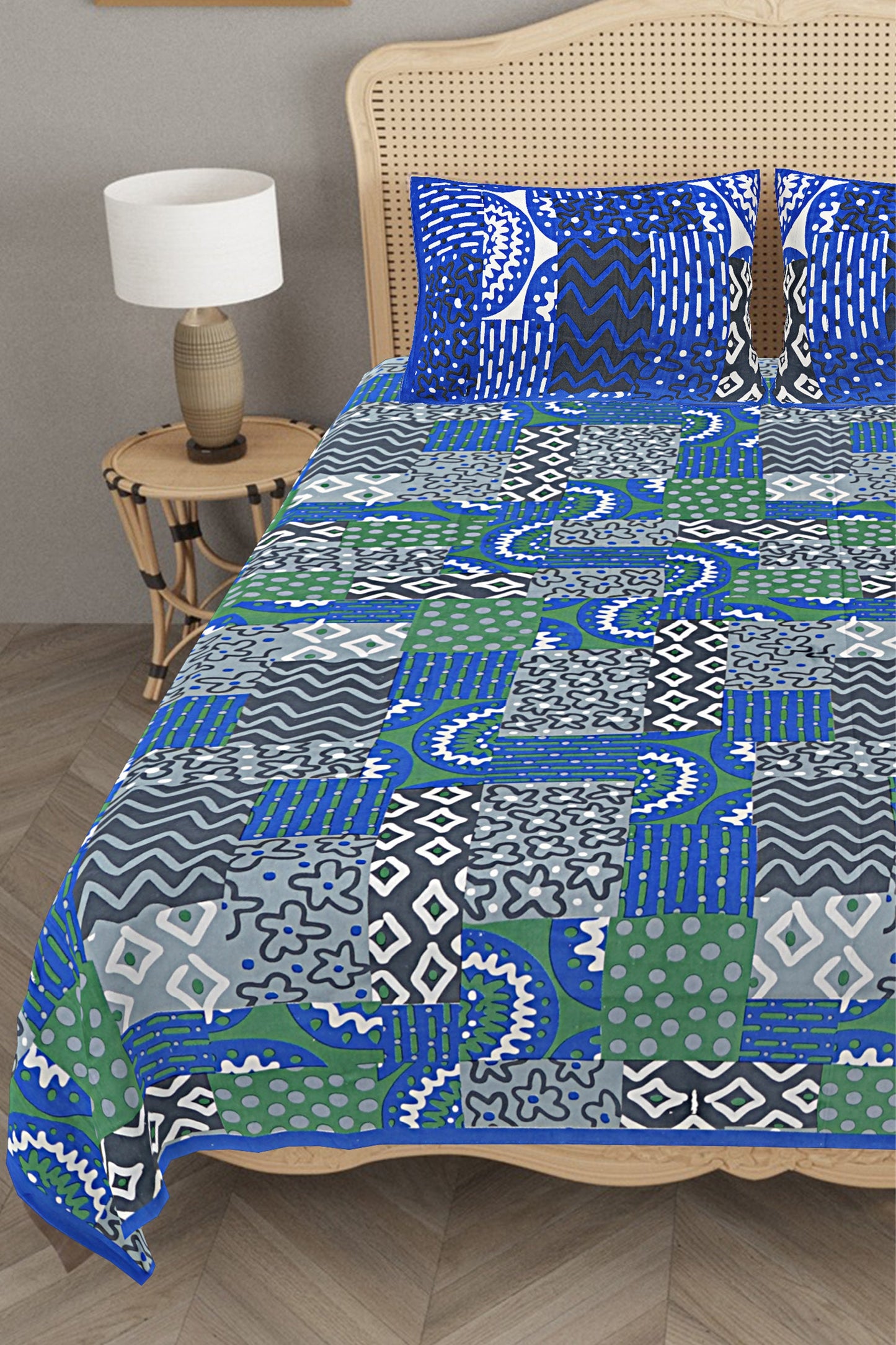 Handcrafted Morrocan Collection of Premium Sheets and Linens - Double Bed Sheet with 2 Pillow Covers - Dai Green