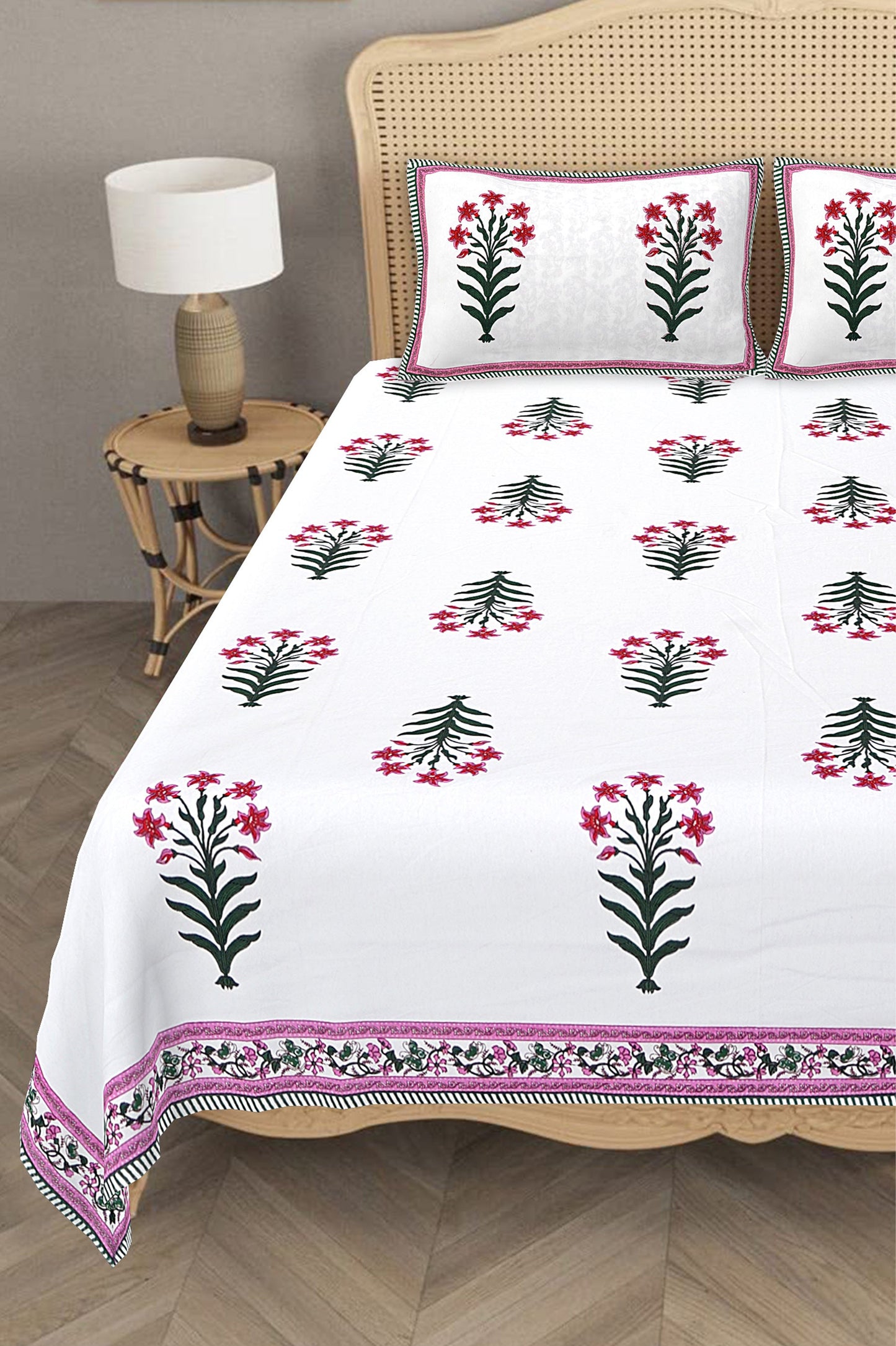 Beautiful Ethnic Motifs - Designs from Mughal Gardens - Handcrafted Pink Mughal Printed Double Bed Sheet with 2 Pillow Covers