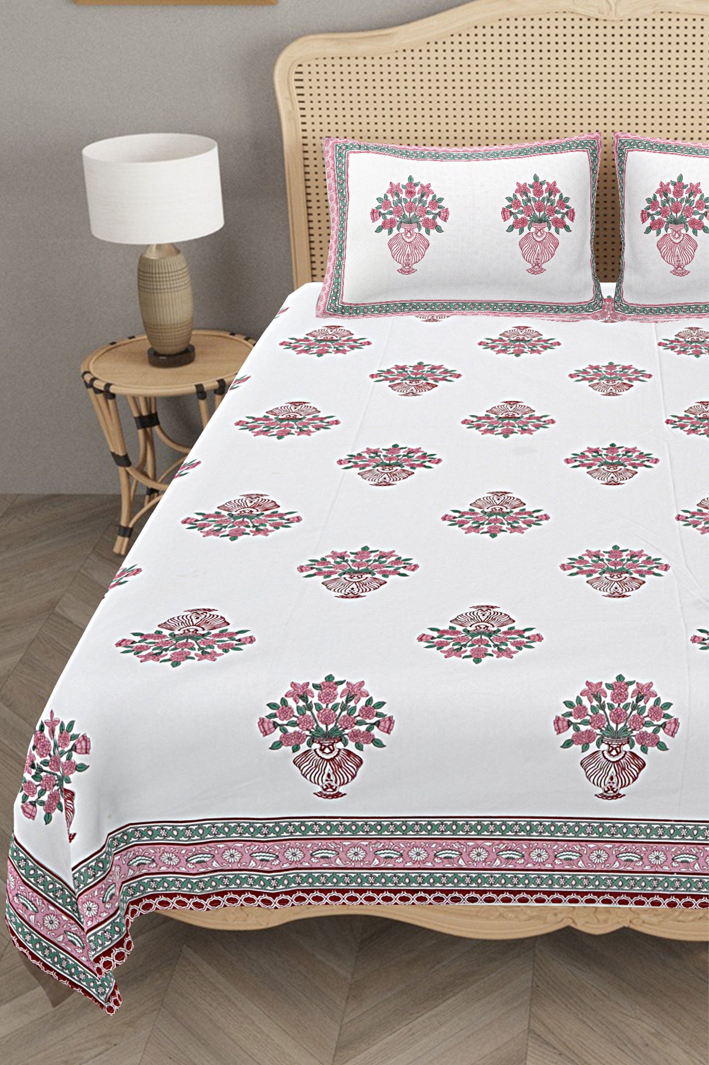 Ethnic Motifs - Designs from Mughal Gardens - Handcrafted Double Bed Sheet with 2 Pillow Covers - Gamla Maroon