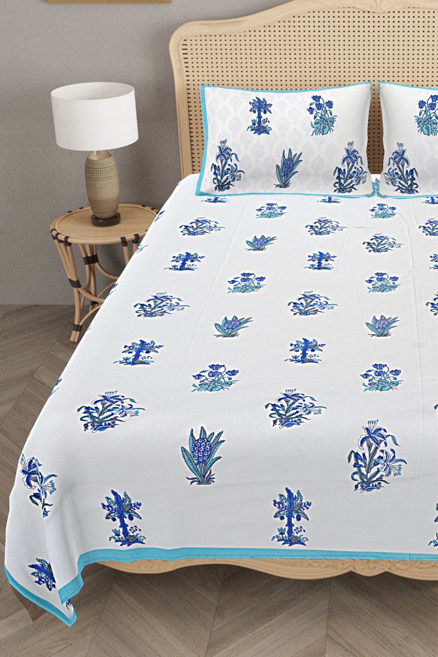 Ethnic Motifs - Designs from Mughal Gardens - Handcrafted Double Bed Sheet with 2 Pillow Covers - Buta Blue