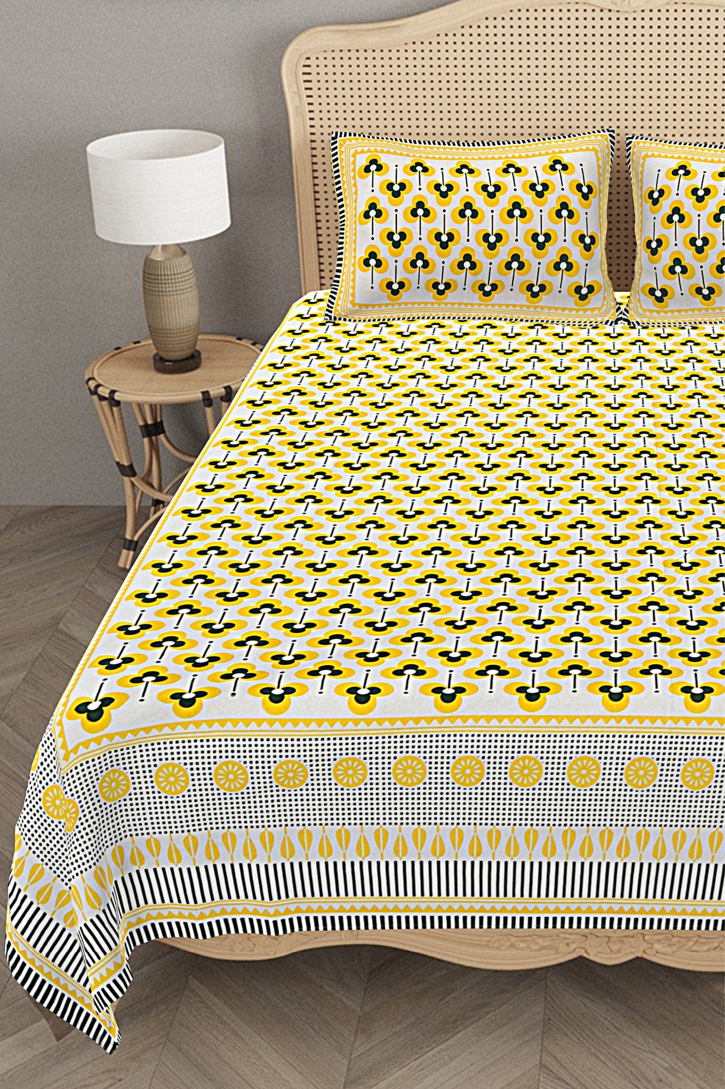 Handcrafted Morrocan Collection of Premium Sheets and Linens -  Bed Sheet with 2 Pillow Covers - Flowar Yellow