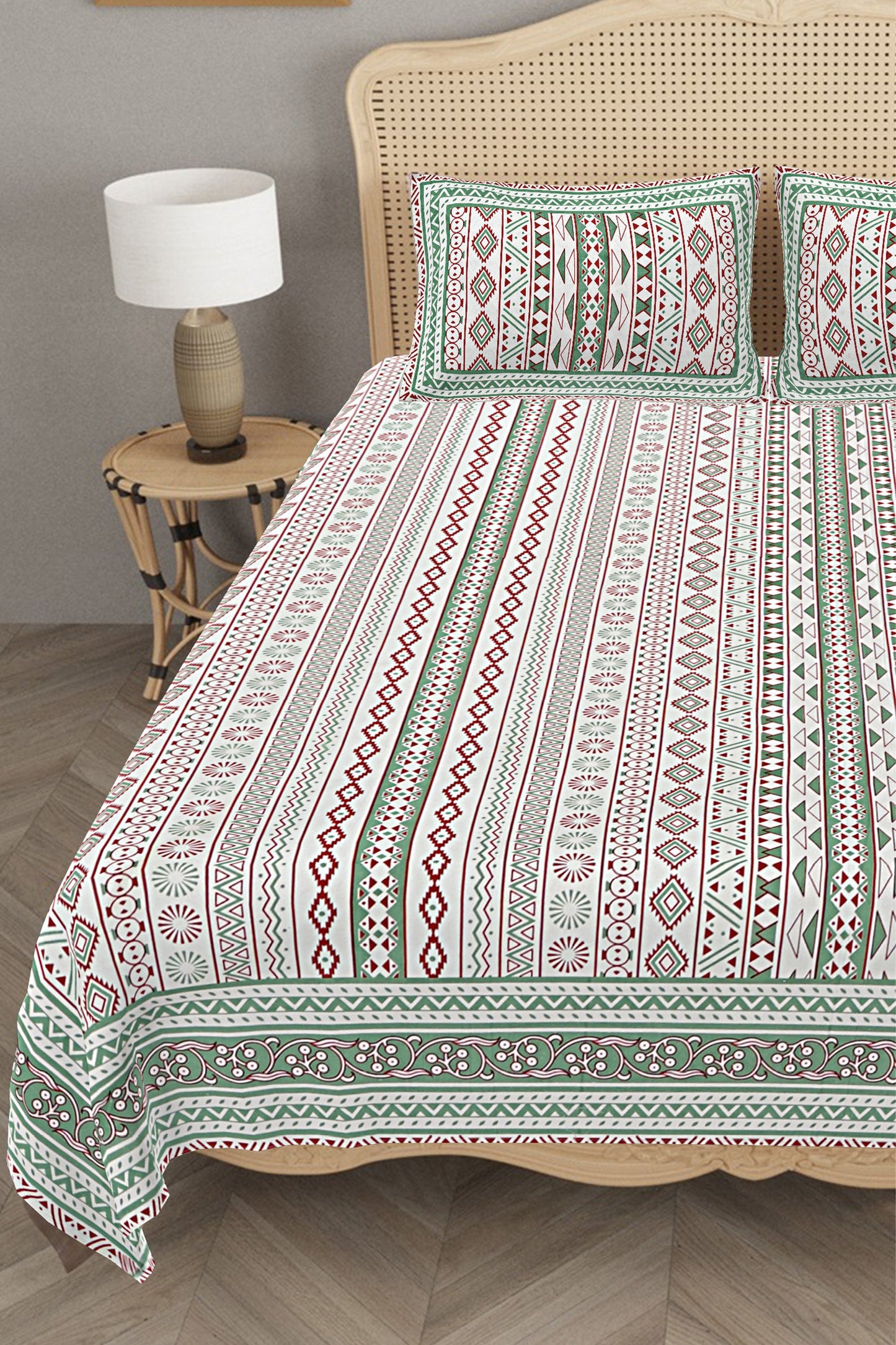 Handcrafted Morrocan Collection of Premium Sheets and Linens -  Bed Sheet with 2 Pillow Covers - Flowar Green