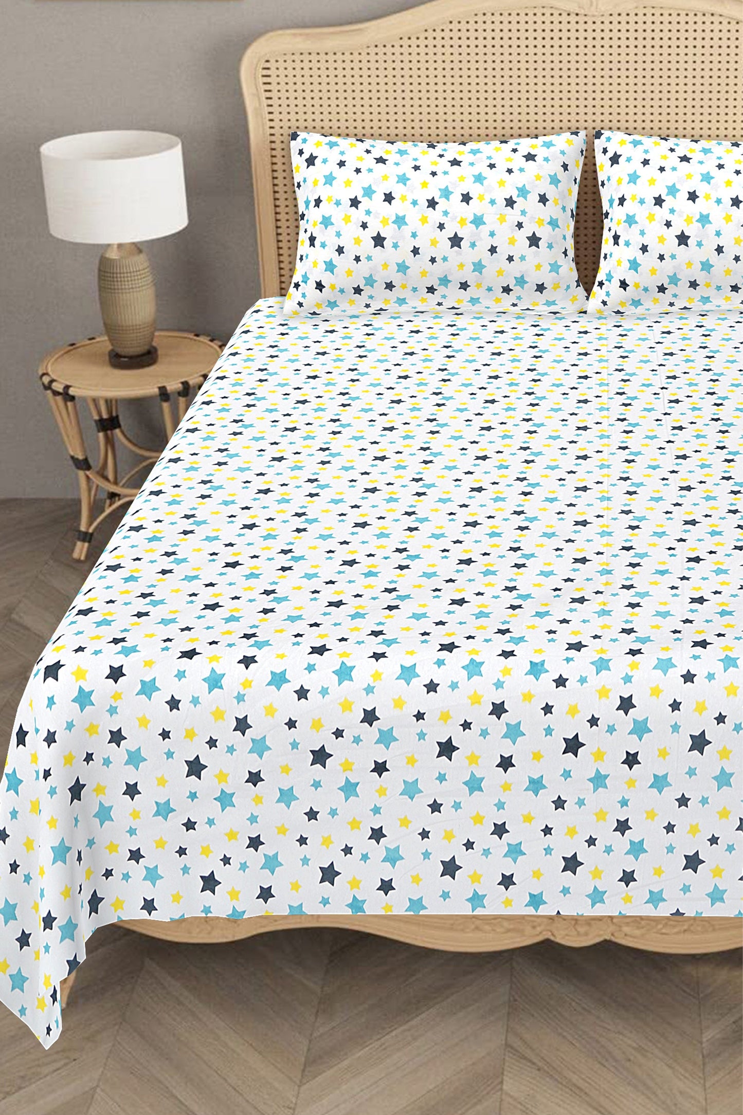 Kids Cotton Bedroom Linens - Double Sheet with 2 Pillow Covers in Black Star Print - King Size Bed