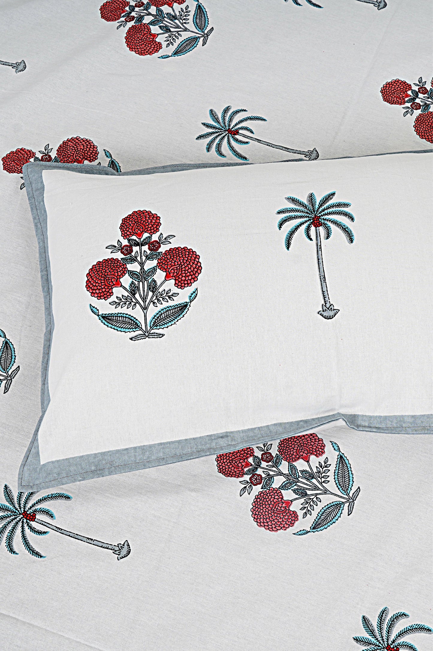 Ethnic Motifs - Designs from Mughal Gardens - Handcrafted Double Bed Sheet with 2 Pillow Covers - Genda Grey