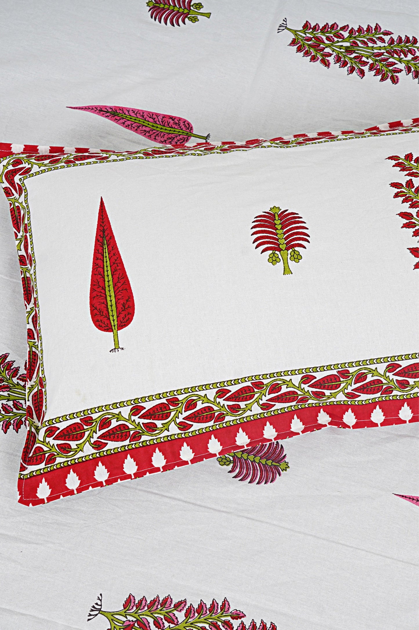 Ethnic Motifs - Designs from Mughal Gardens - Handcrafted Double Bed Sheet with 2 Pillow Covers - Teer Red