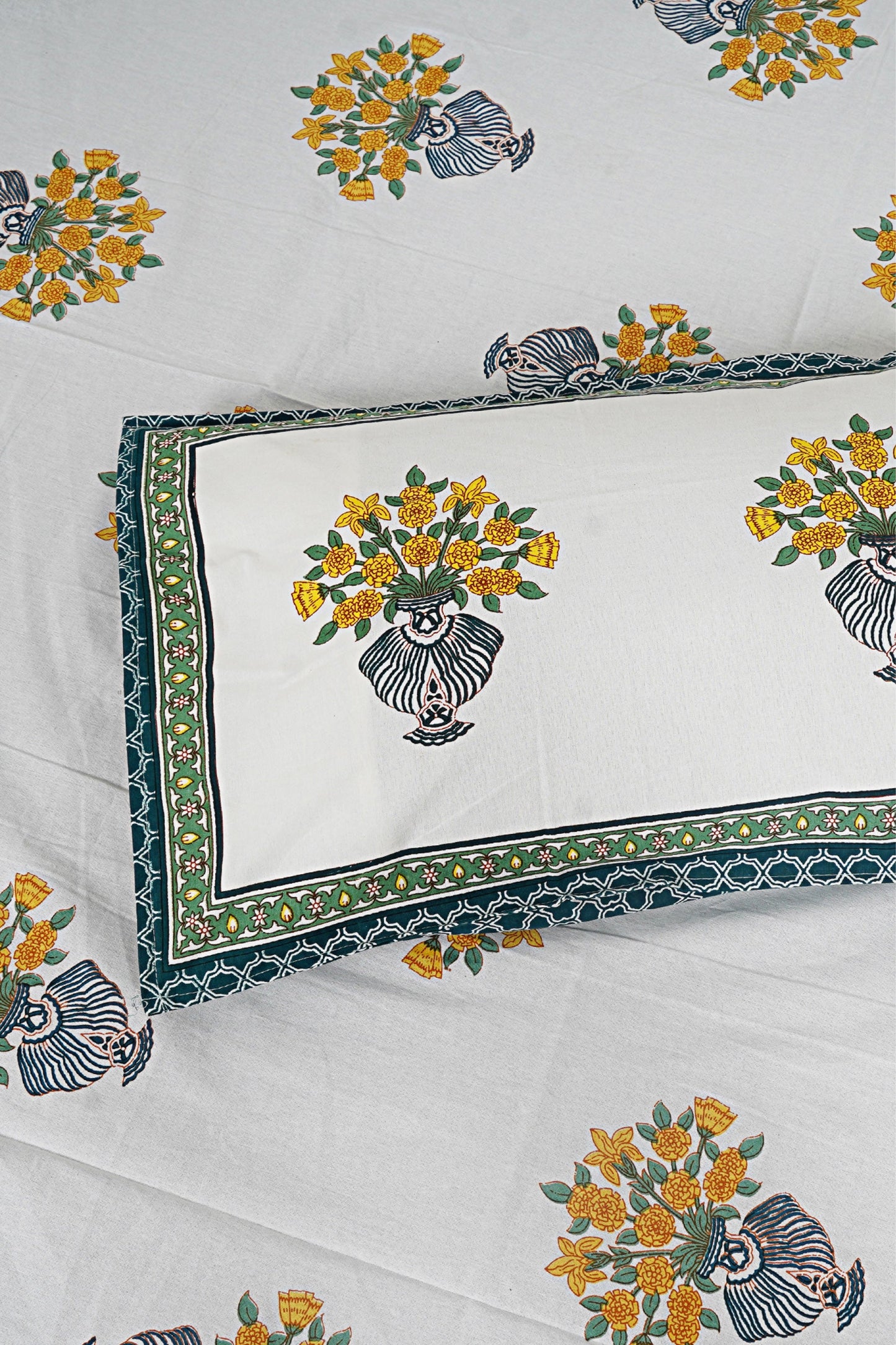 Ethnic Motifs - Designs from Mughal Gardens - Handcrafted Double Bed Sheet with 2 Pillow Covers - Gamla Green
