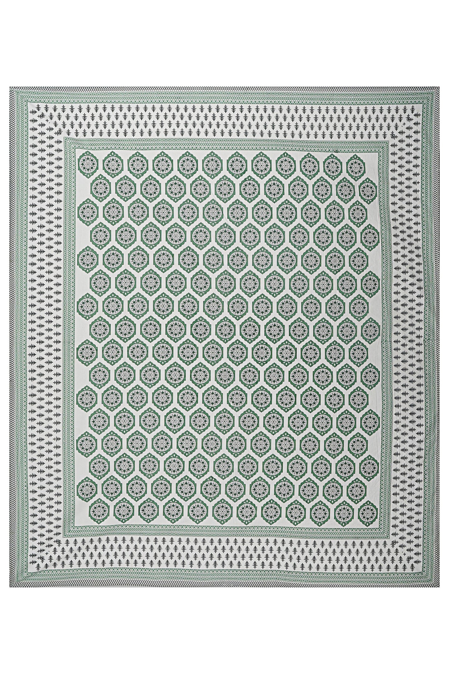 Ethnic Motifs - Designs from Mughal Gardens - Handcrafted Double Bed Sheet with 2 Pillow Covers - Jaal Green