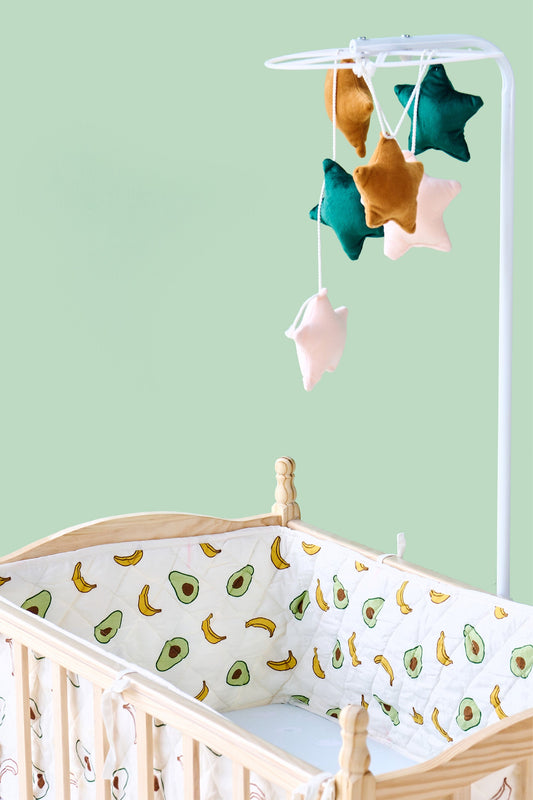 Reversible Muslin Baby Bed Bumper in Avocado and Banana Print