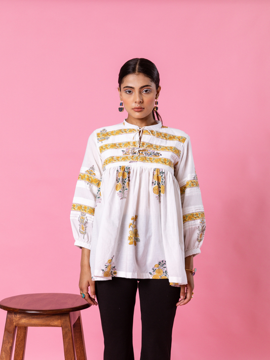 Yellow Florencia Top - Hand Block Printed Cotton Top