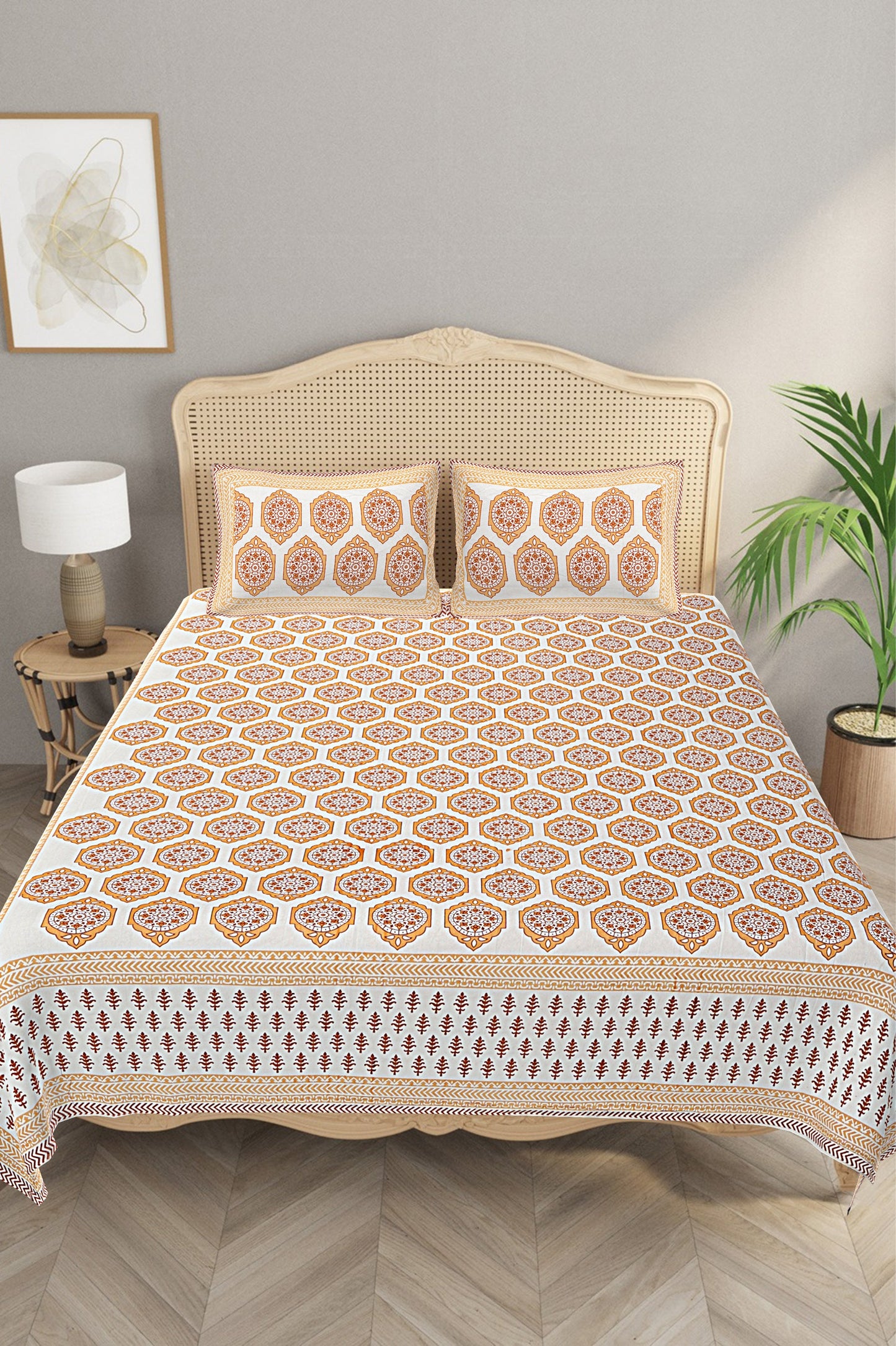 Ethnic Motifs - Designs from Mughal Gardens - Handcrafted Double Bed Sheet with 2 Pillow Covers - Jaal Yellow