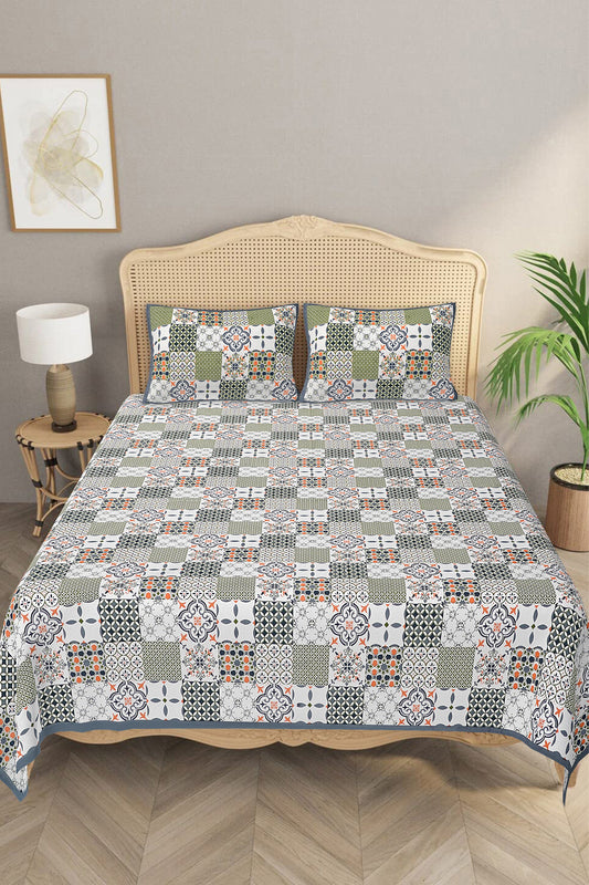 Beautifully Hand Crafted Moroccan Collection of Premium Sheets and Linens - Marrakesh Collection - Green Marikesh Printed Double Bed Sheet with 2 Pillow Covers